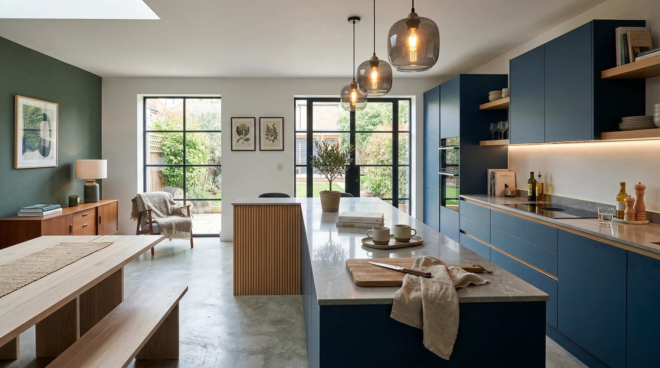 Mastercraft bespoke kitchen in Chiswick, wide architectural view showing room volume and design quality