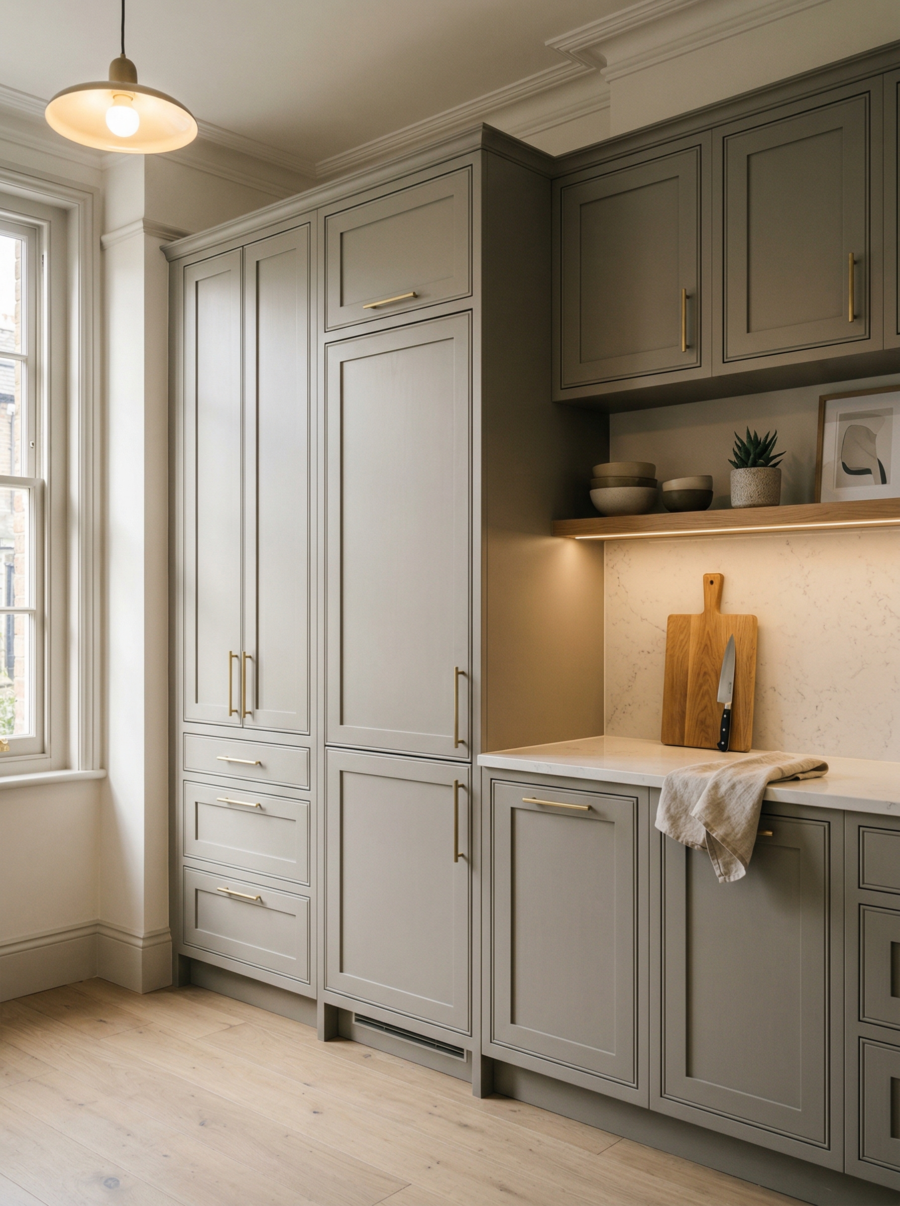 portrait1_600x800 Tall view of full-height bespoke kitchen cabinetry, matt painted handleless slab cabinetry