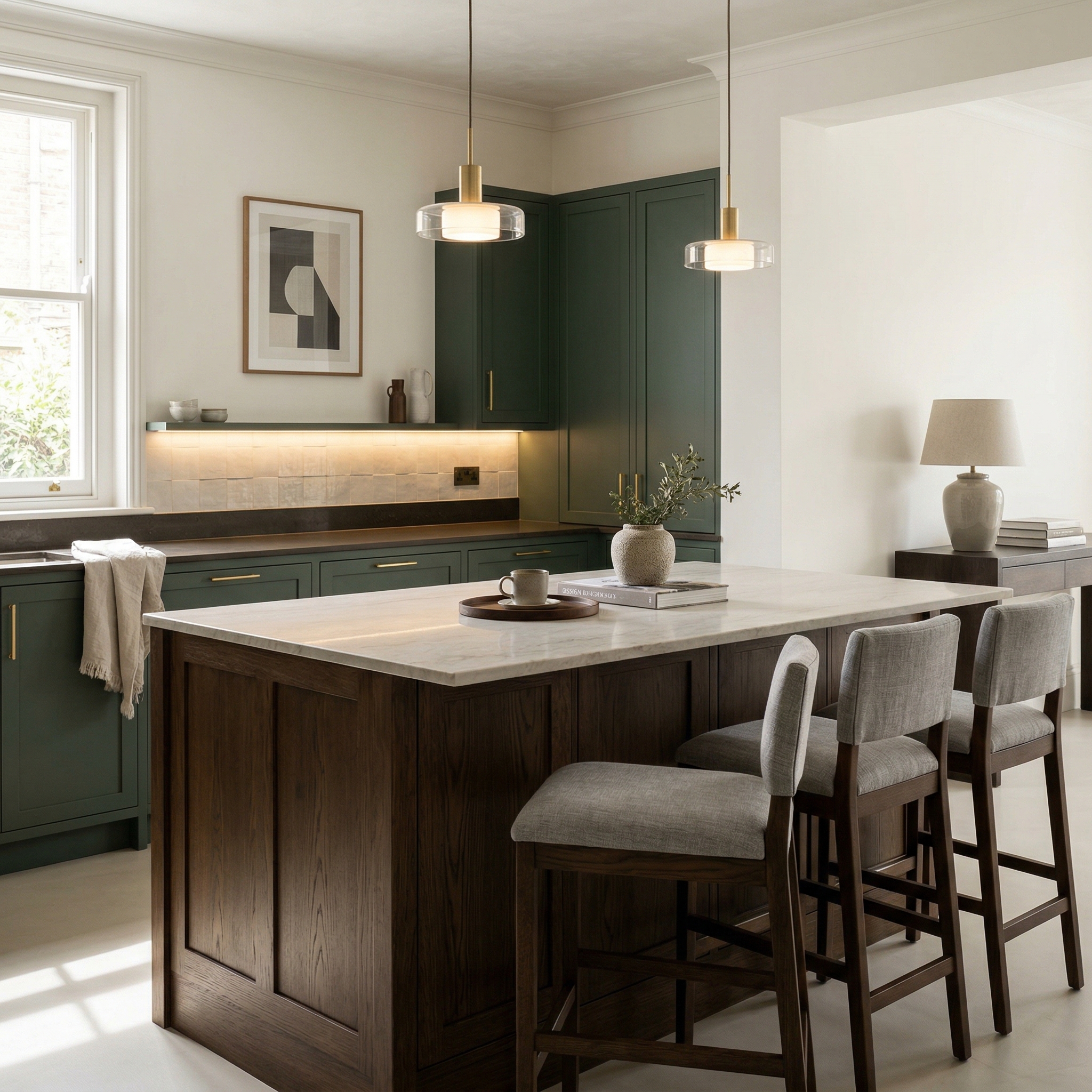 Bespoke kitchen island detail, matt painted handleless slab cabinetry with quality joinery