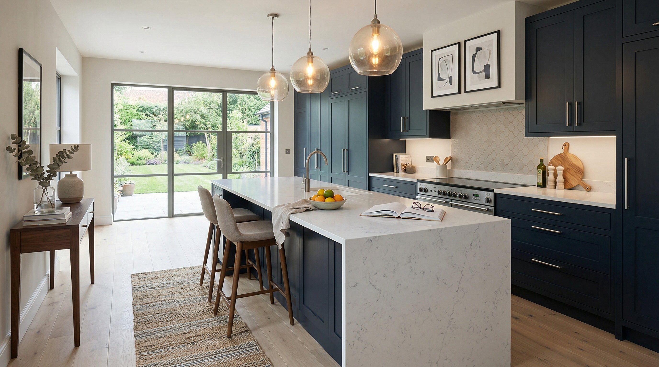 Mastercraft bespoke kitchen in Christchurch, wide architectural view showing room volume and design quality