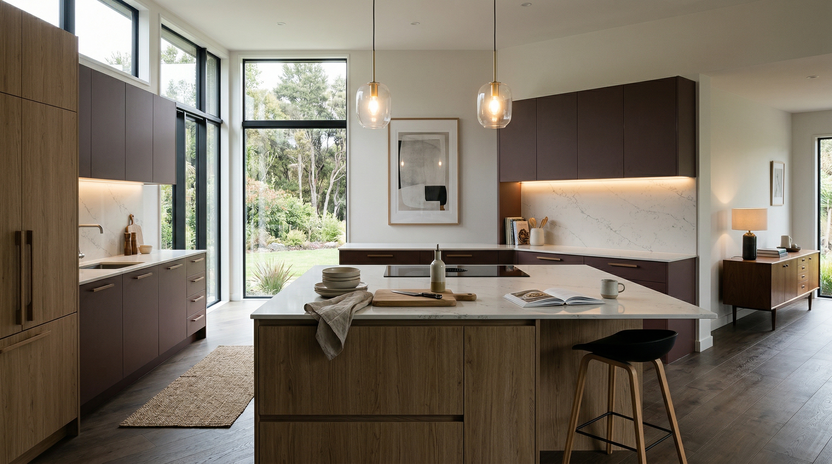 Wide view of a newly completed bespoke Mastercraft kitchen, contemporary painted lay-on cabinetry in light grey tones