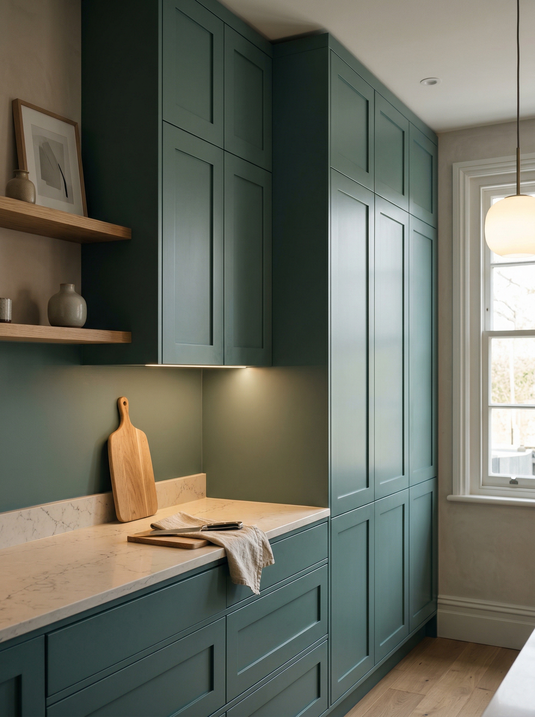 Tall view of full-height bespoke kitchen cabinetry, contemporary painted lay-on cabinetry