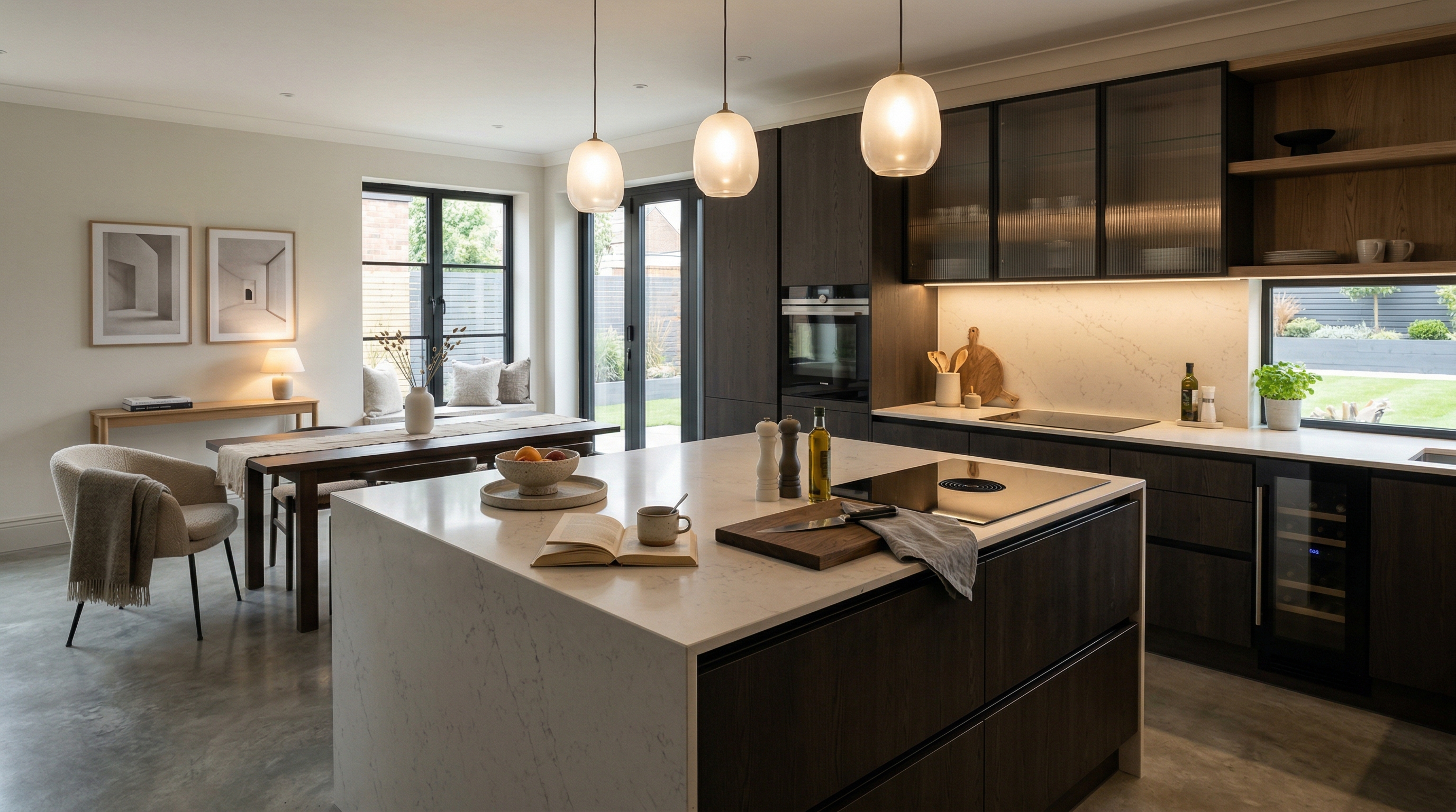 Mastercraft bespoke kitchen in Cleadon, wide architectural view showing room volume and design quality