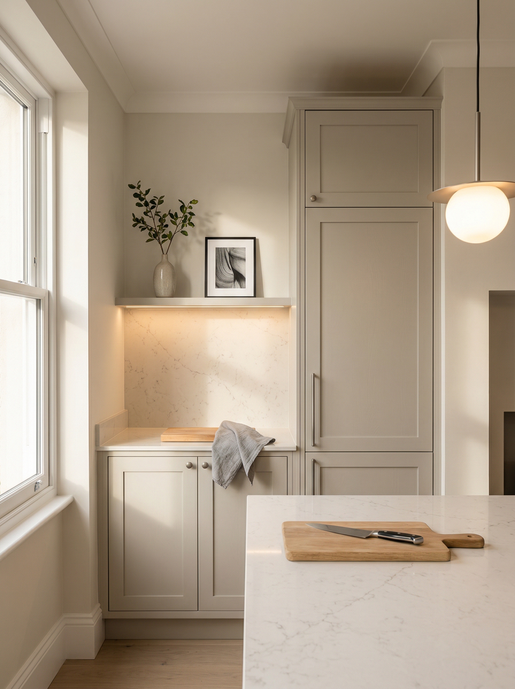 Tall view of full-height bespoke kitchen cabinetry, timber veneer slab-door cabinetry