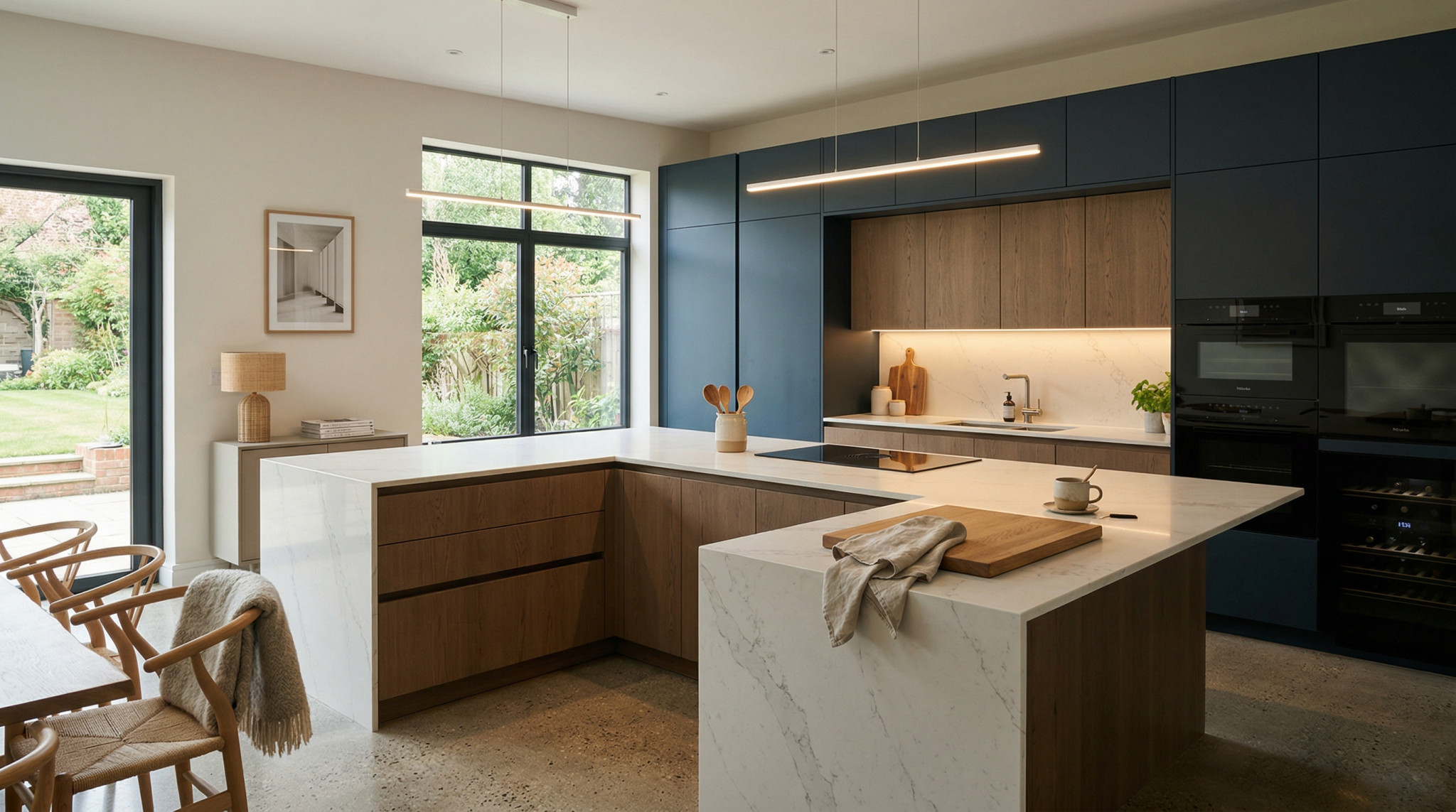 Wide view of a newly completed bespoke Mastercraft kitchen, matt painted handleless slab cabinetry in cashmere tones