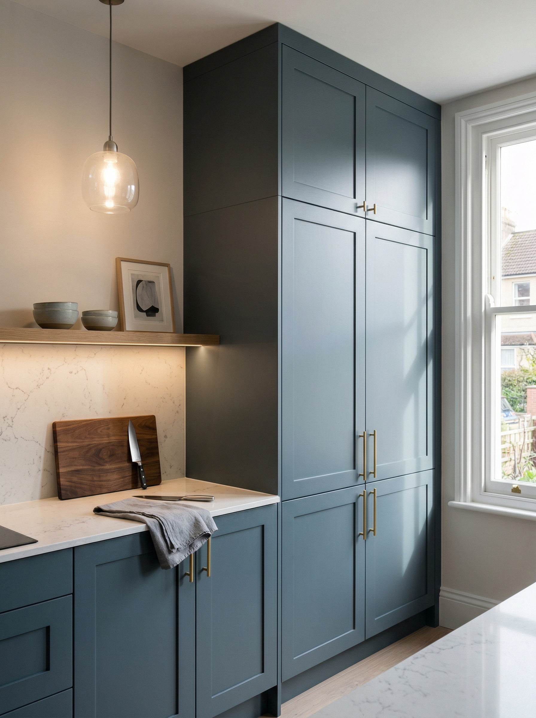 Tall view of full-height bespoke kitchen cabinetry, matt painted handleless slab cabinetry