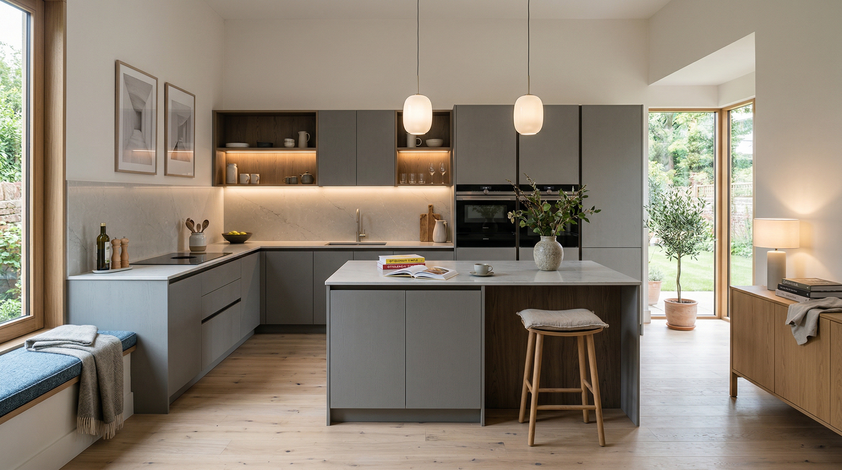 Wide view of a newly completed bespoke Mastercraft kitchen, matt painted handleless slab cabinetry in parisian blue tones