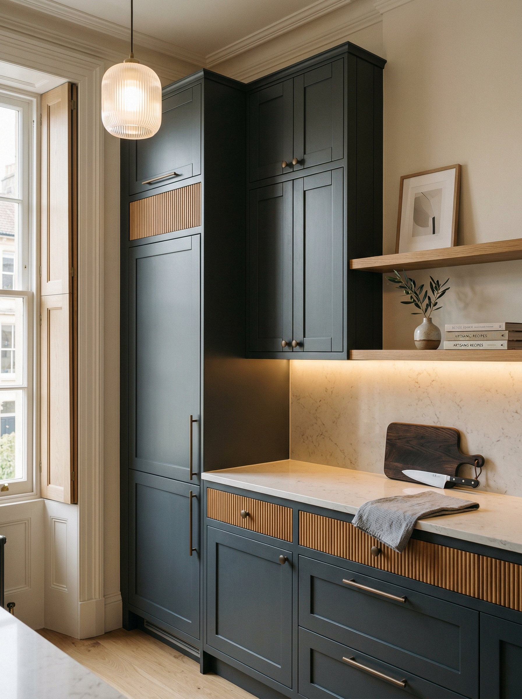 Tall view of full-height bespoke kitchen cabinetry, matt painted handleless slab cabinetry
