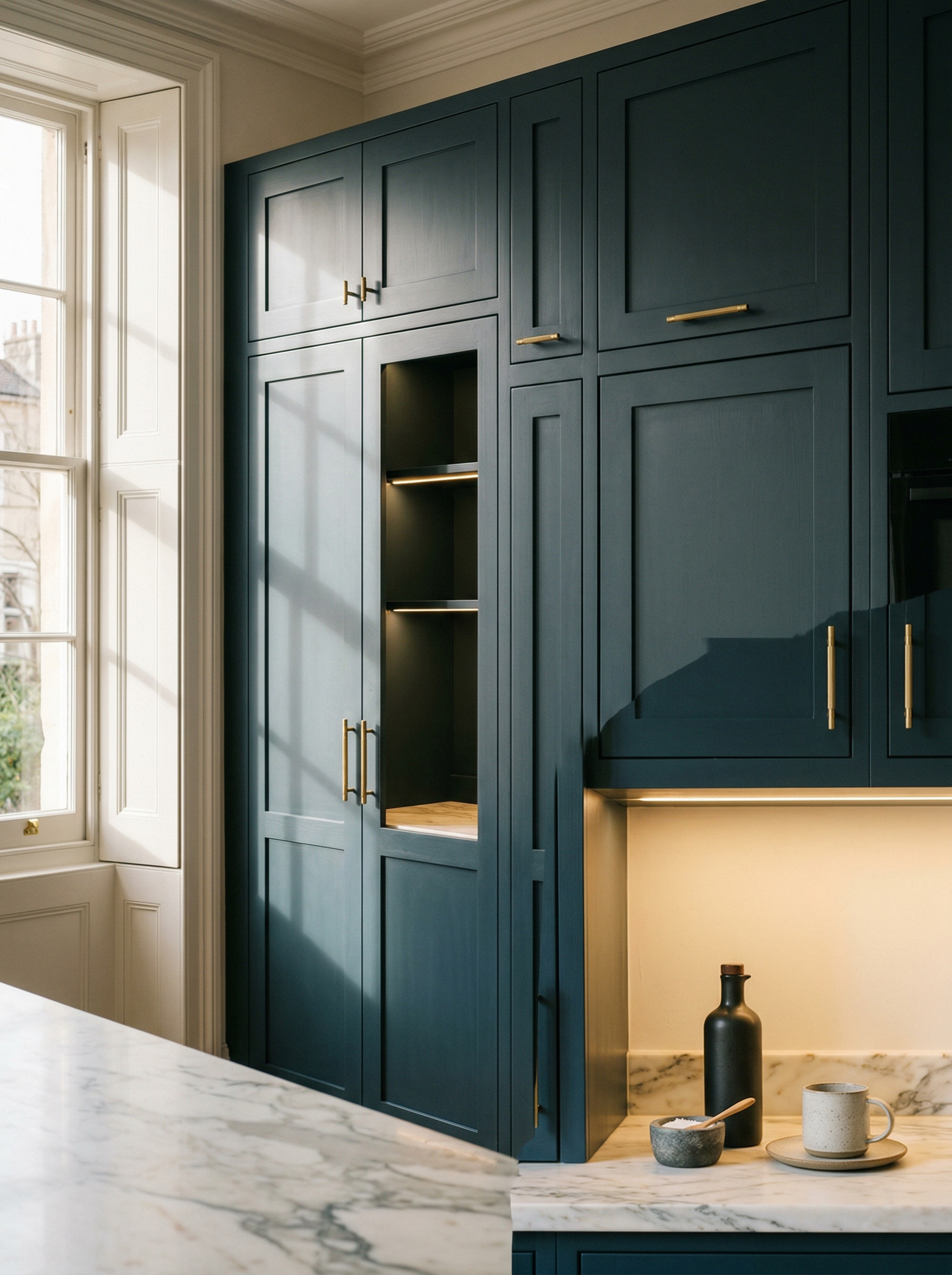 Bespoke kitchen installation, full-height cabinetry and considered storage design