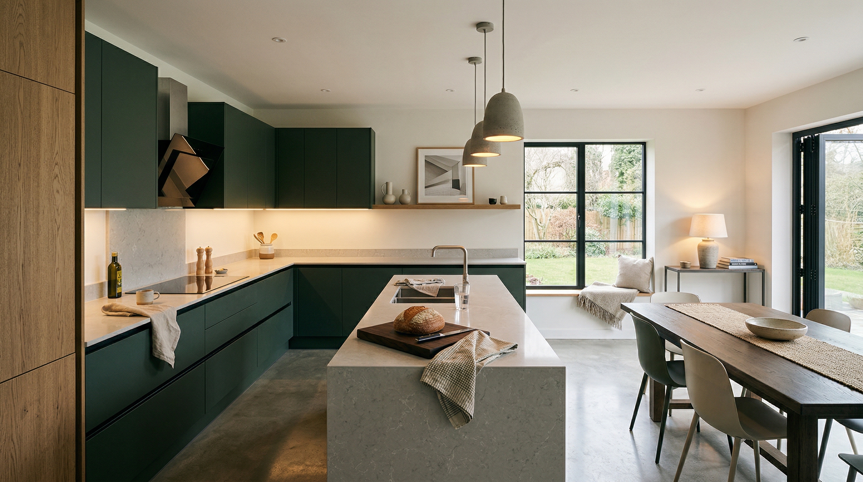 Mastercraft bespoke kitchen in Clydach, wide architectural view showing room volume and design quality