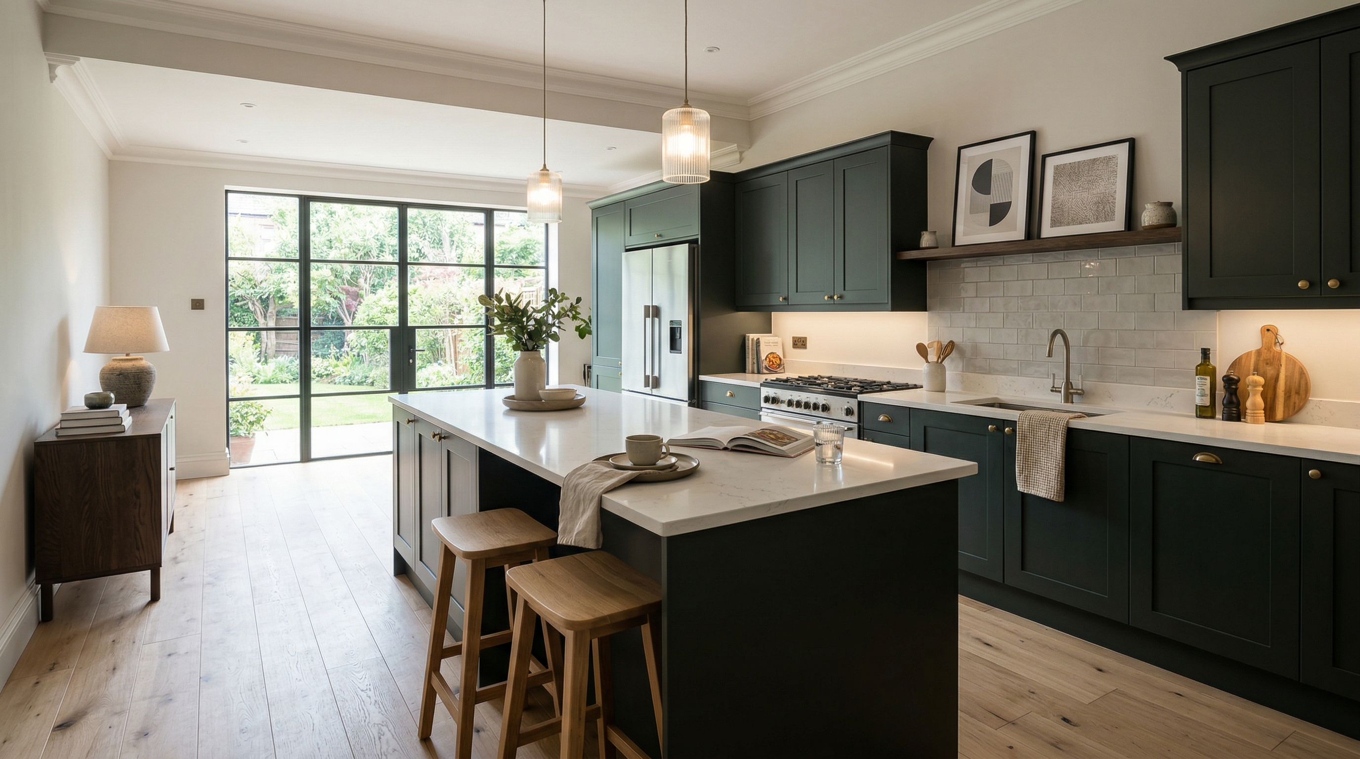 Wide view of a newly completed bespoke Mastercraft kitchen, modern shaker cabinetry in stone grey tones