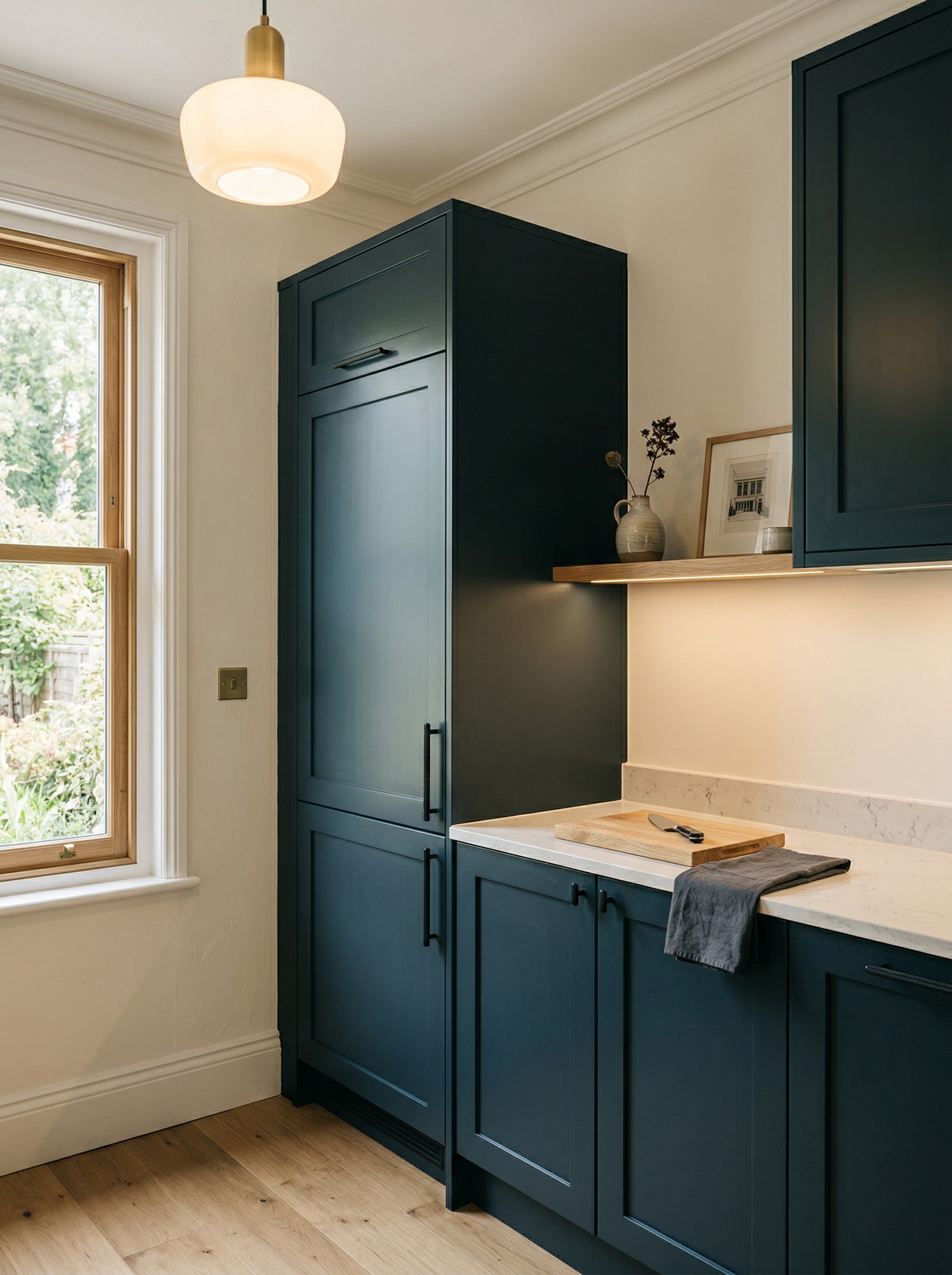 Tall view of full-height bespoke kitchen cabinetry, modern shaker cabinetry