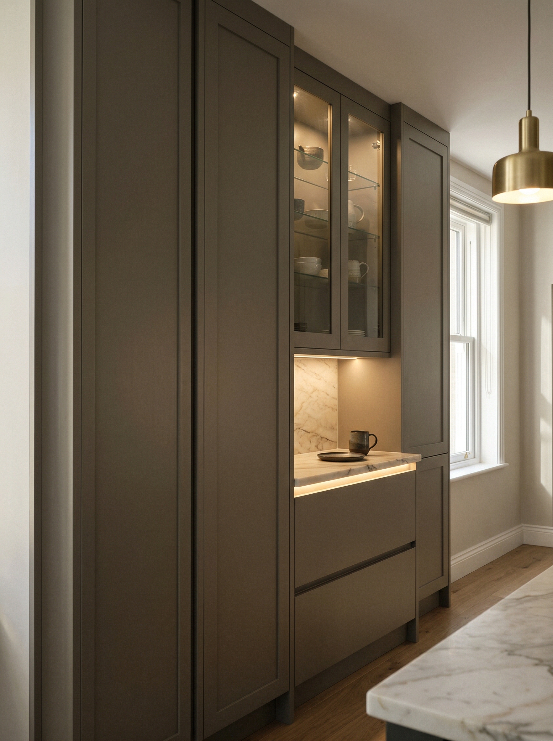 Bespoke kitchen installation, full-height cabinetry and considered storage design
