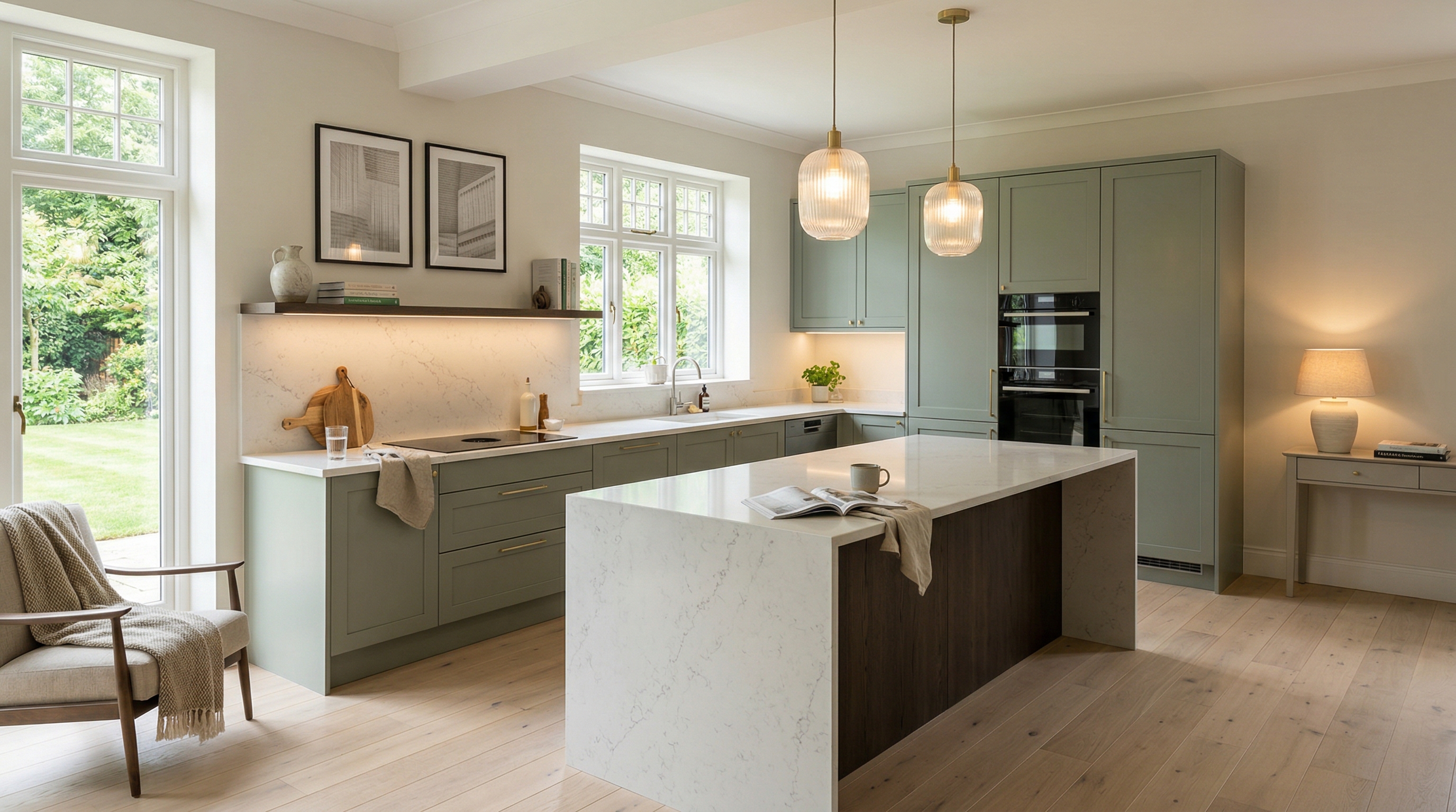 Wide view of a newly completed bespoke Mastercraft kitchen, matt painted handleless slab cabinetry in ivory tones