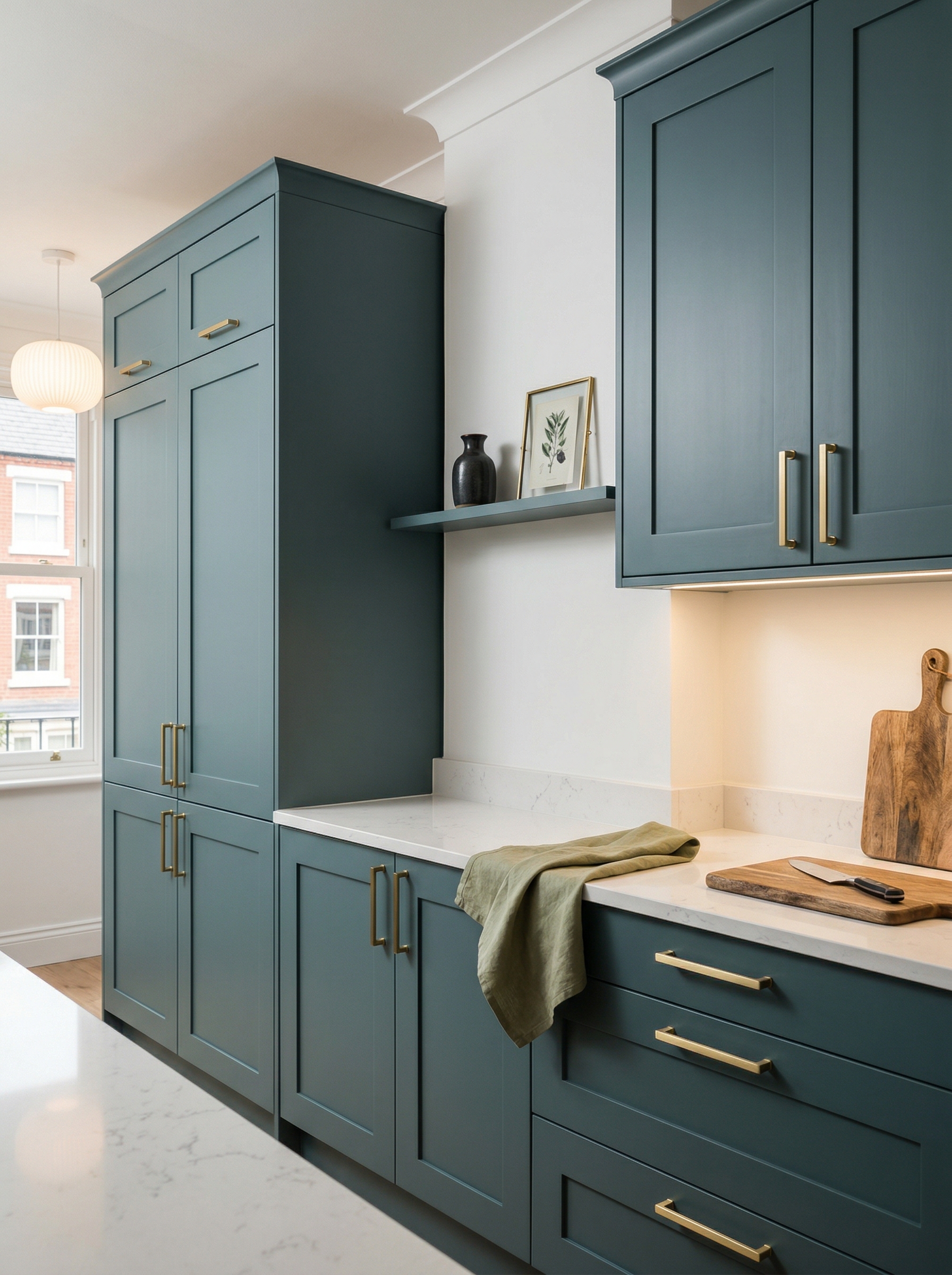 Tall view of full-height bespoke kitchen cabinetry, matt painted handleless slab cabinetry