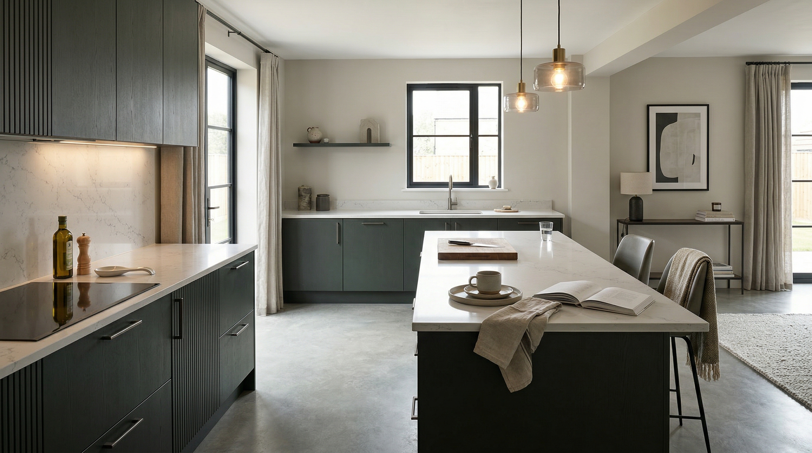 Mastercraft bespoke kitchen in Consett, wide architectural view showing room volume and design quality