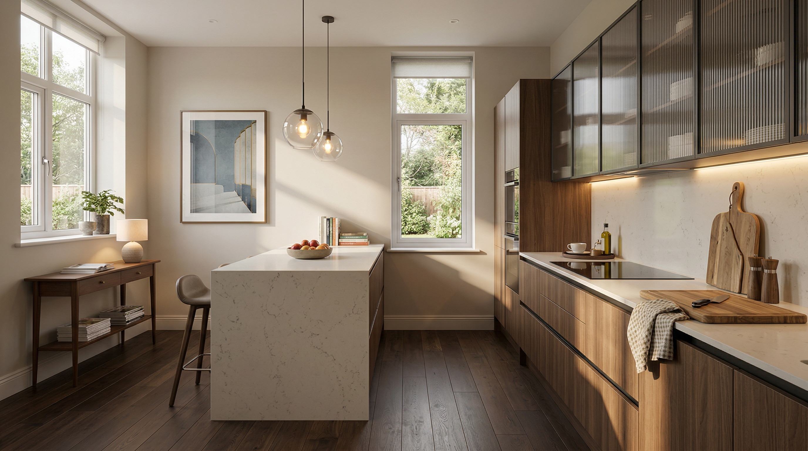 Wide view of a newly completed bespoke Mastercraft kitchen, contemporary painted lay-on cabinetry in sage green tones