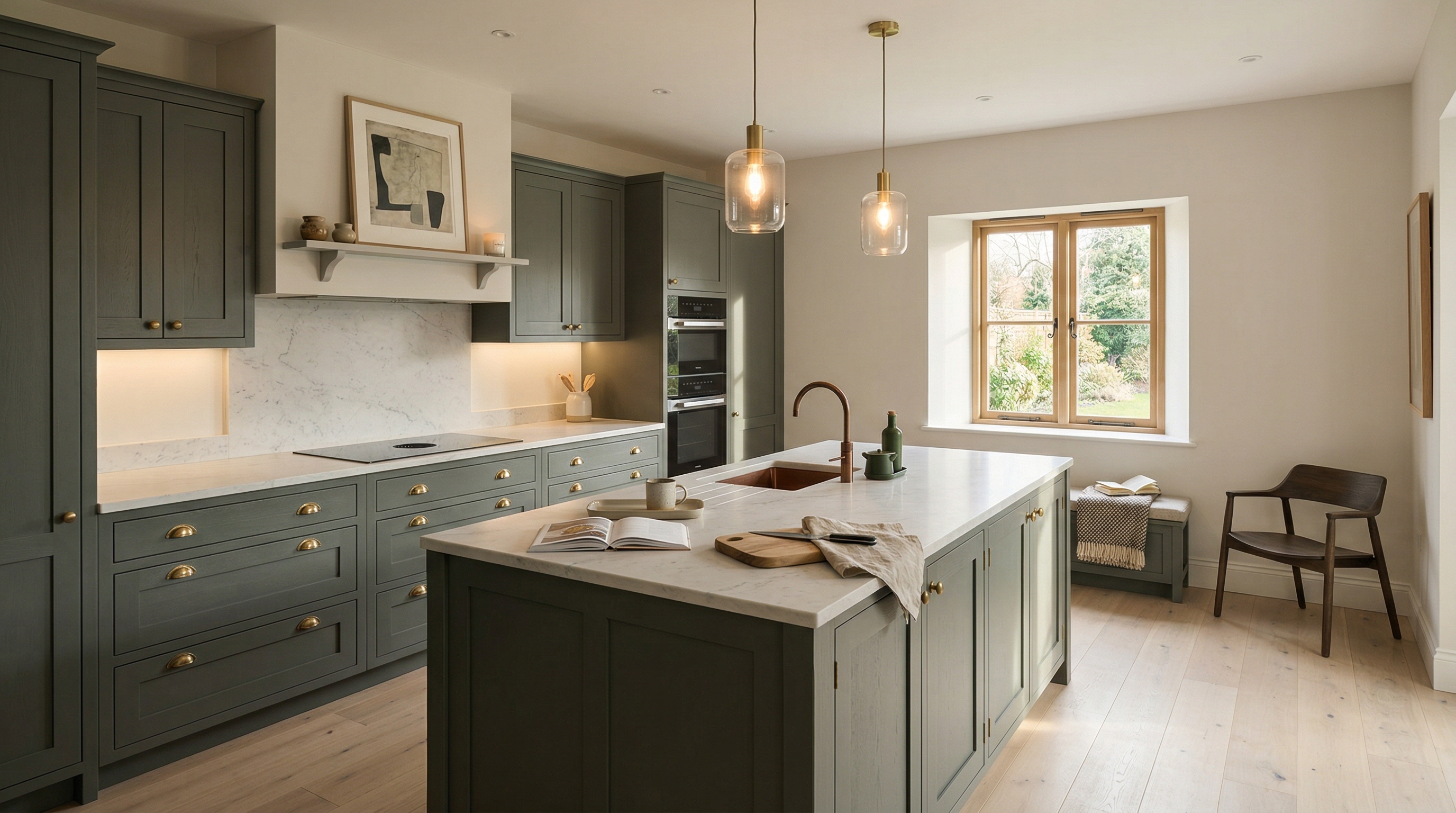 hero_1200x675 Wide view of a newly completed bespoke Mastercraft kitchen, matt painted handleless slab cabinetry in indigo tones