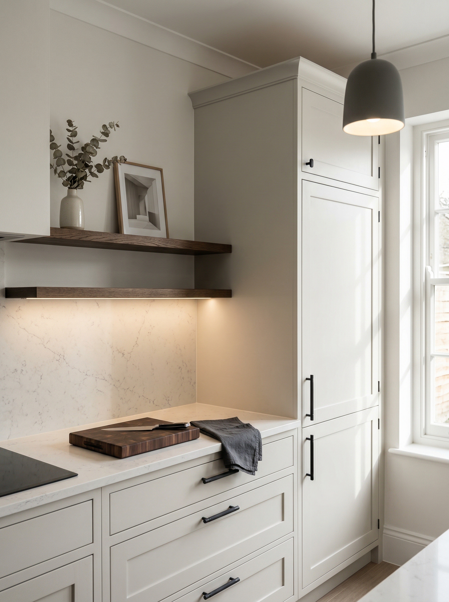 portrait1_600x800 Tall view of full-height bespoke kitchen cabinetry, matt painted handleless slab cabinetry