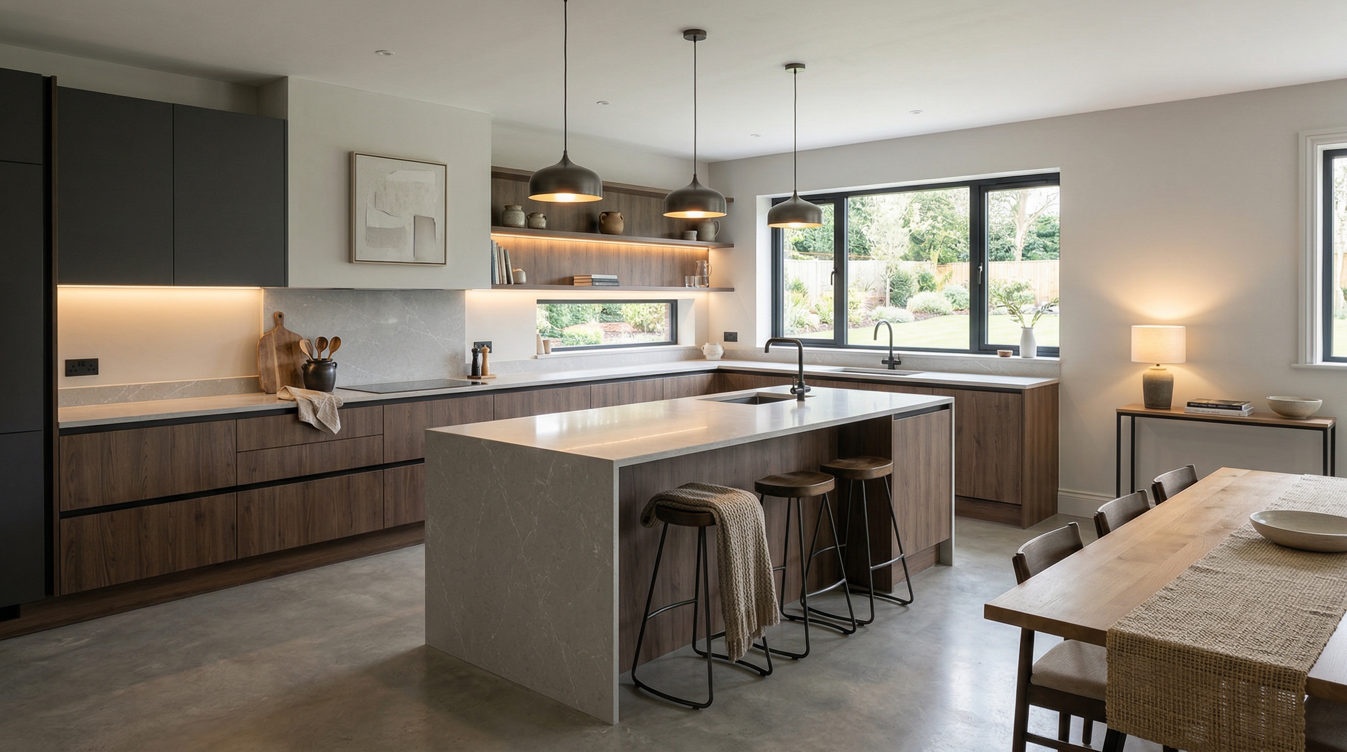 Mastercraft bespoke kitchen in Cowbridge, wide architectural view showing room volume and design quality
