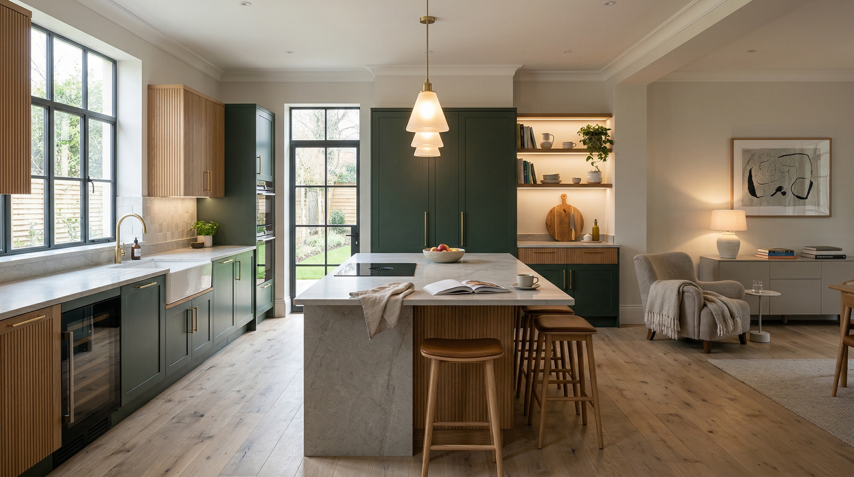 Wide view of a newly completed bespoke Mastercraft kitchen, modern shaker cabinetry in cardamom tones