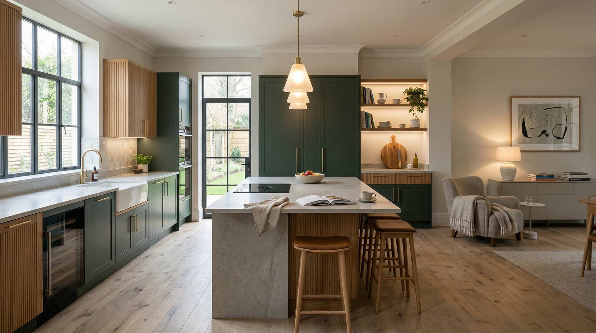 Wide view of a newly completed bespoke Mastercraft kitchen, modern shaker cabinetry in cardamom tones