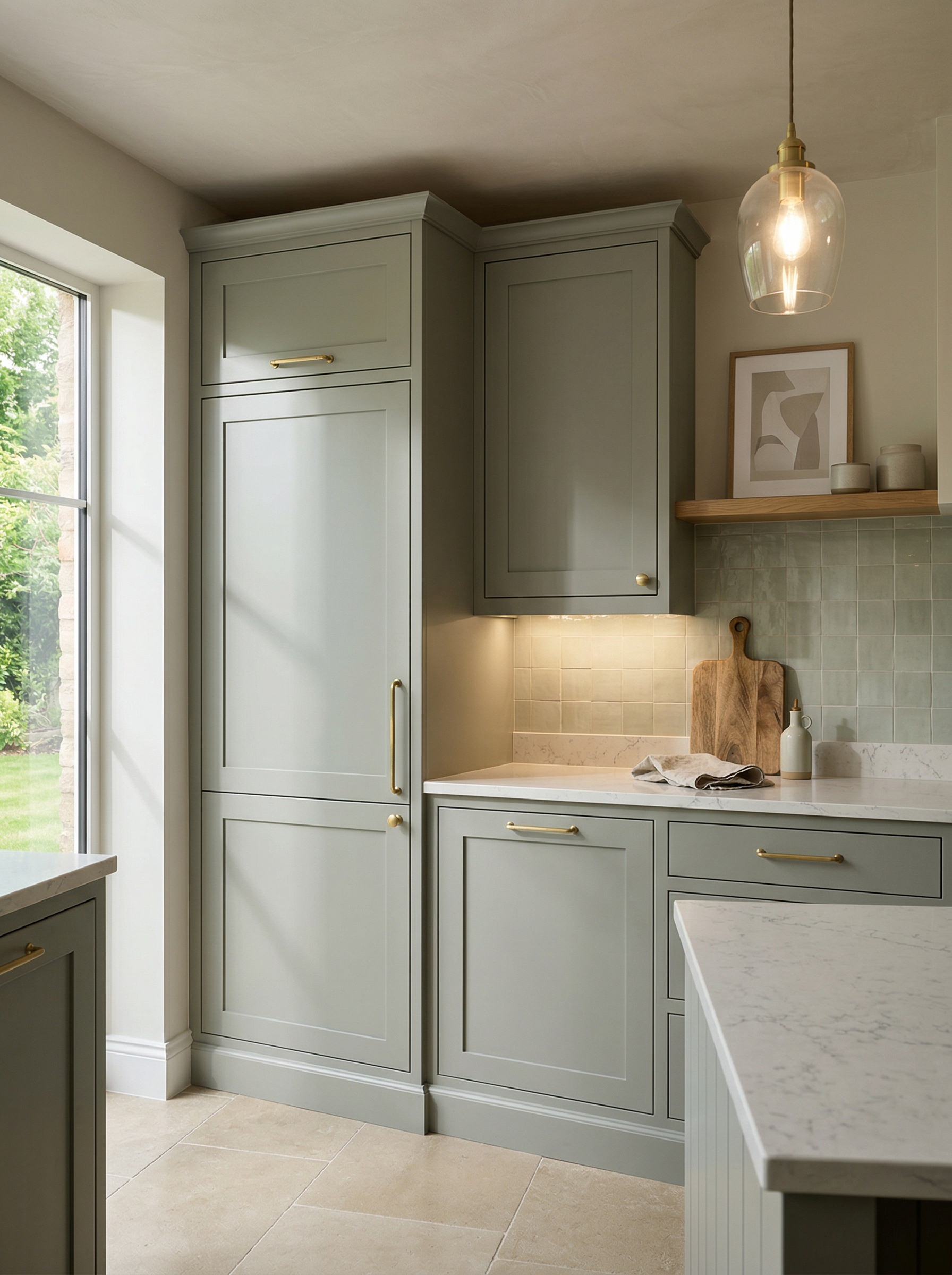 Tall view of full-height bespoke kitchen cabinetry, modern shaker cabinetry