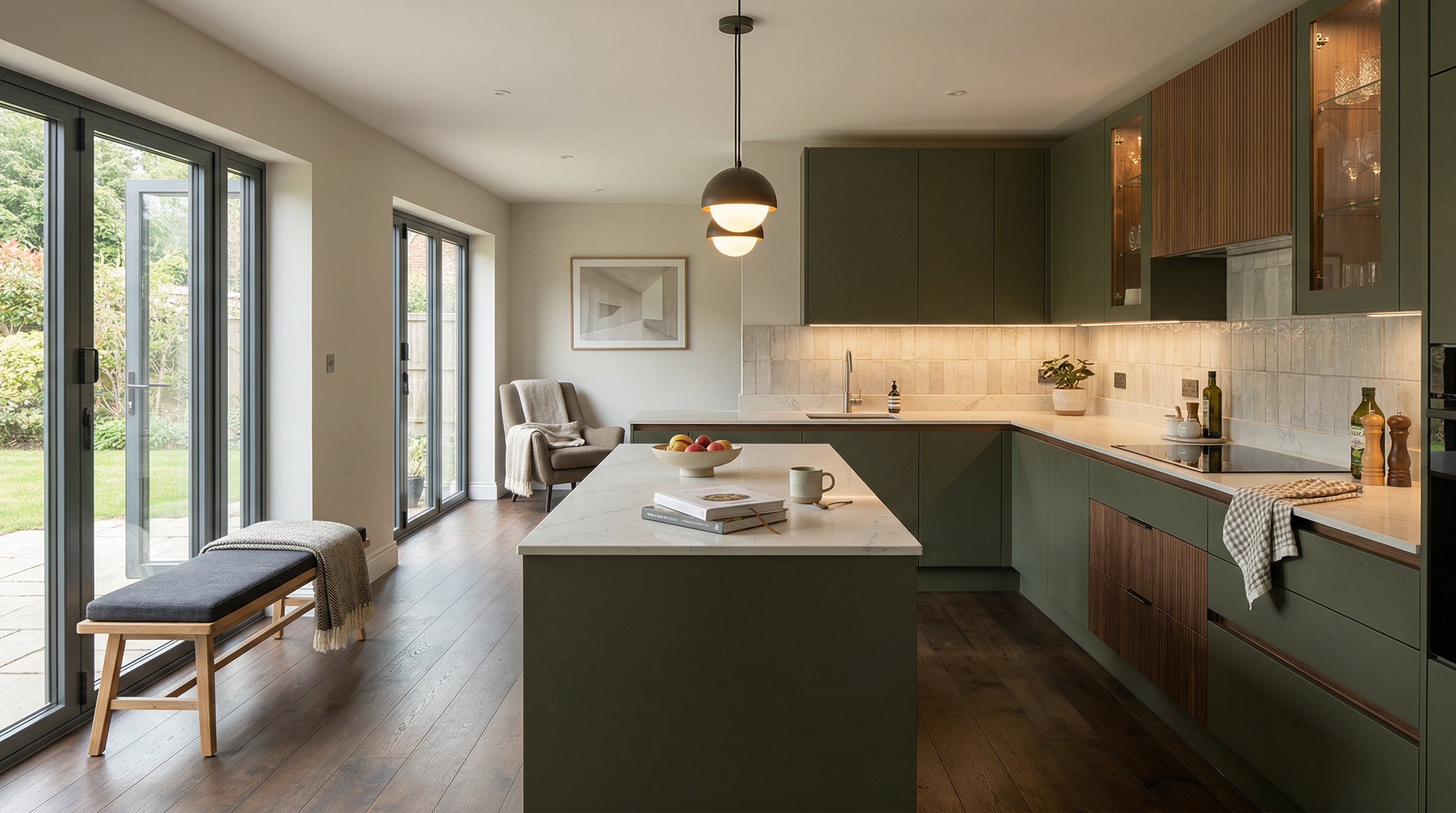 Mastercraft bespoke kitchen in Croesyceiliog, wide architectural view showing room volume and design quality