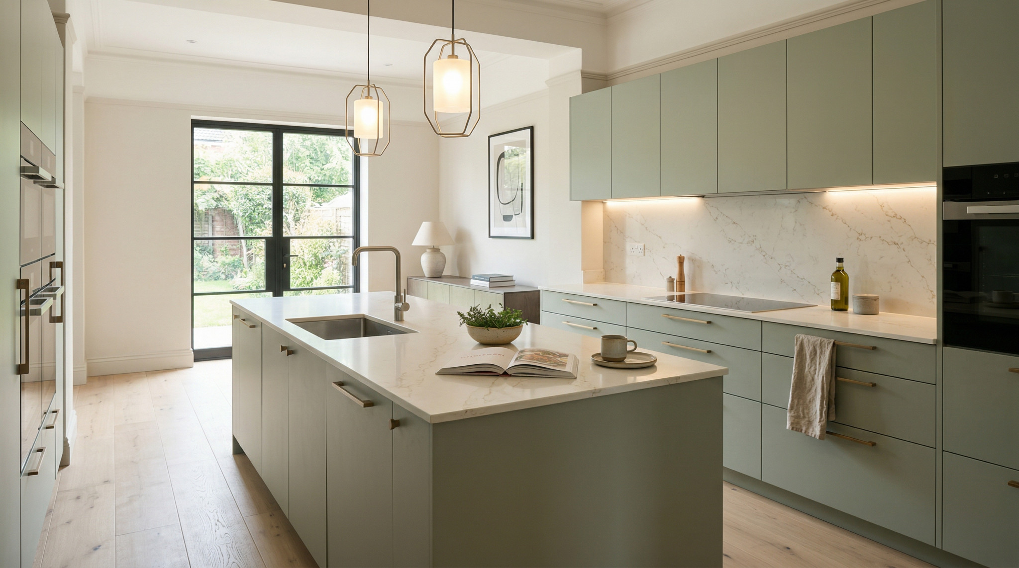 Wide view of a newly completed bespoke Mastercraft kitchen, modern shaker cabinetry in mussel tones
