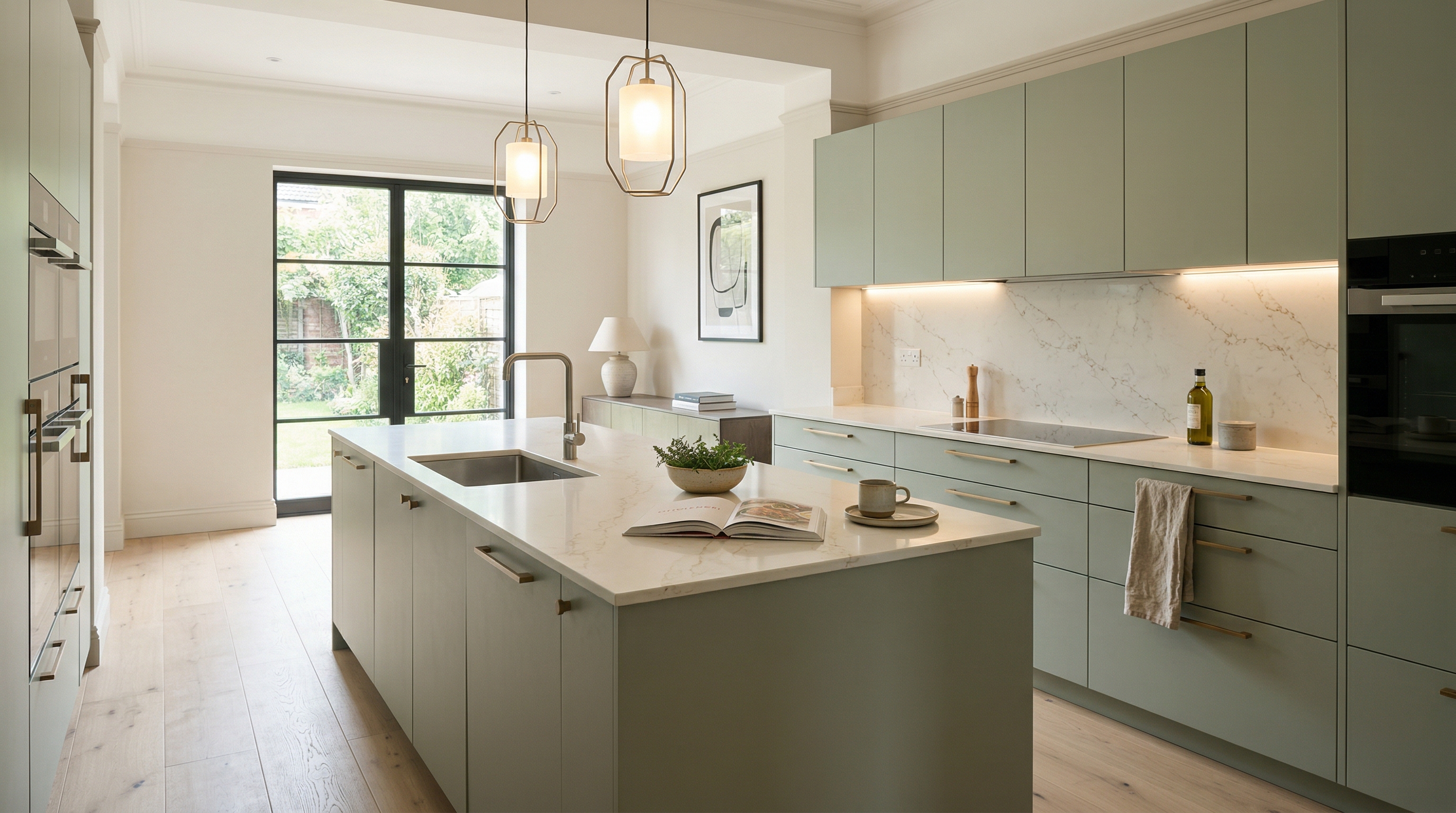 hero_1200x675 Wide view of a newly completed bespoke Mastercraft kitchen, modern shaker cabinetry in mussel tones