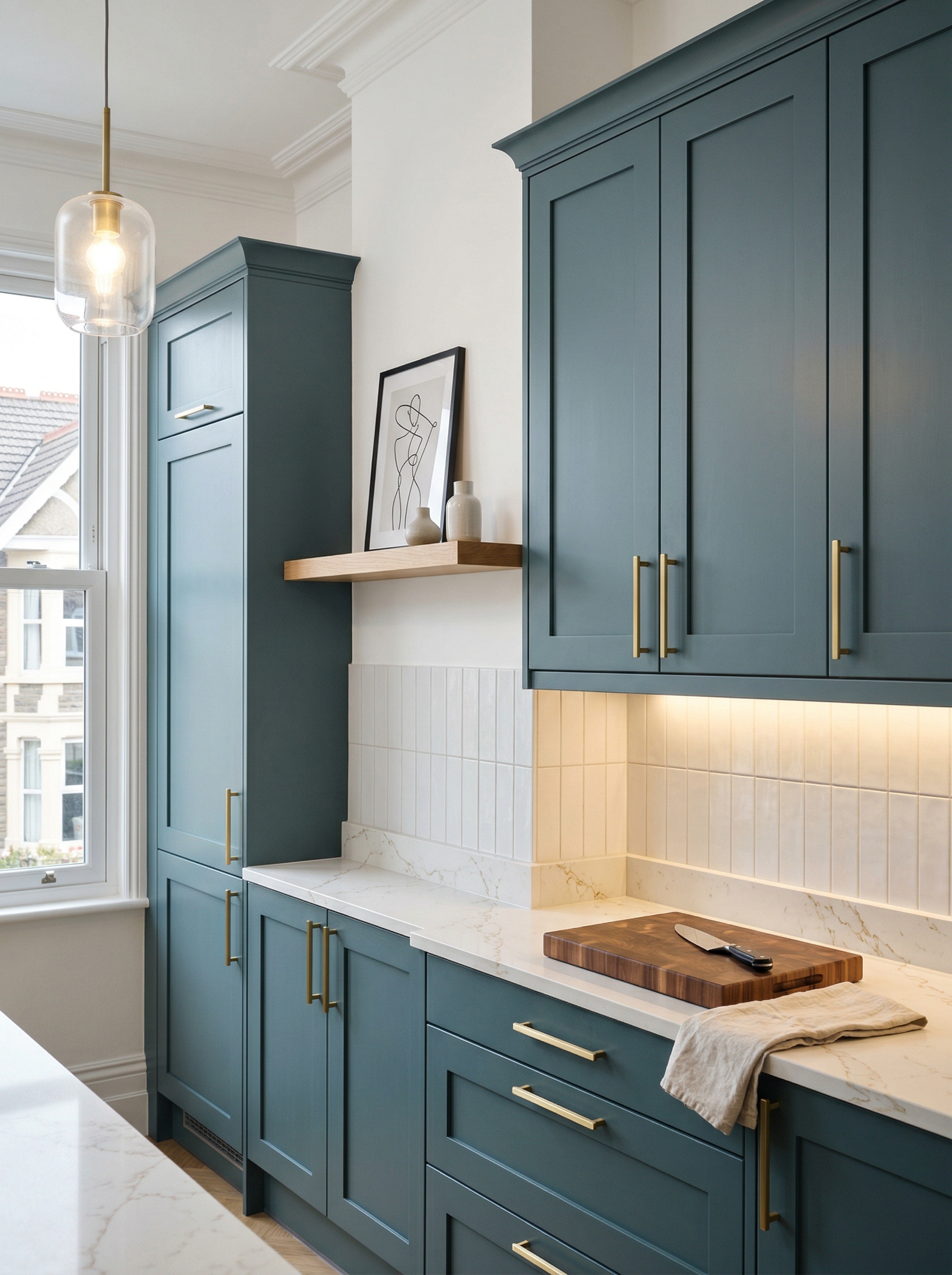 Tall view of full-height bespoke kitchen cabinetry, modern shaker cabinetry