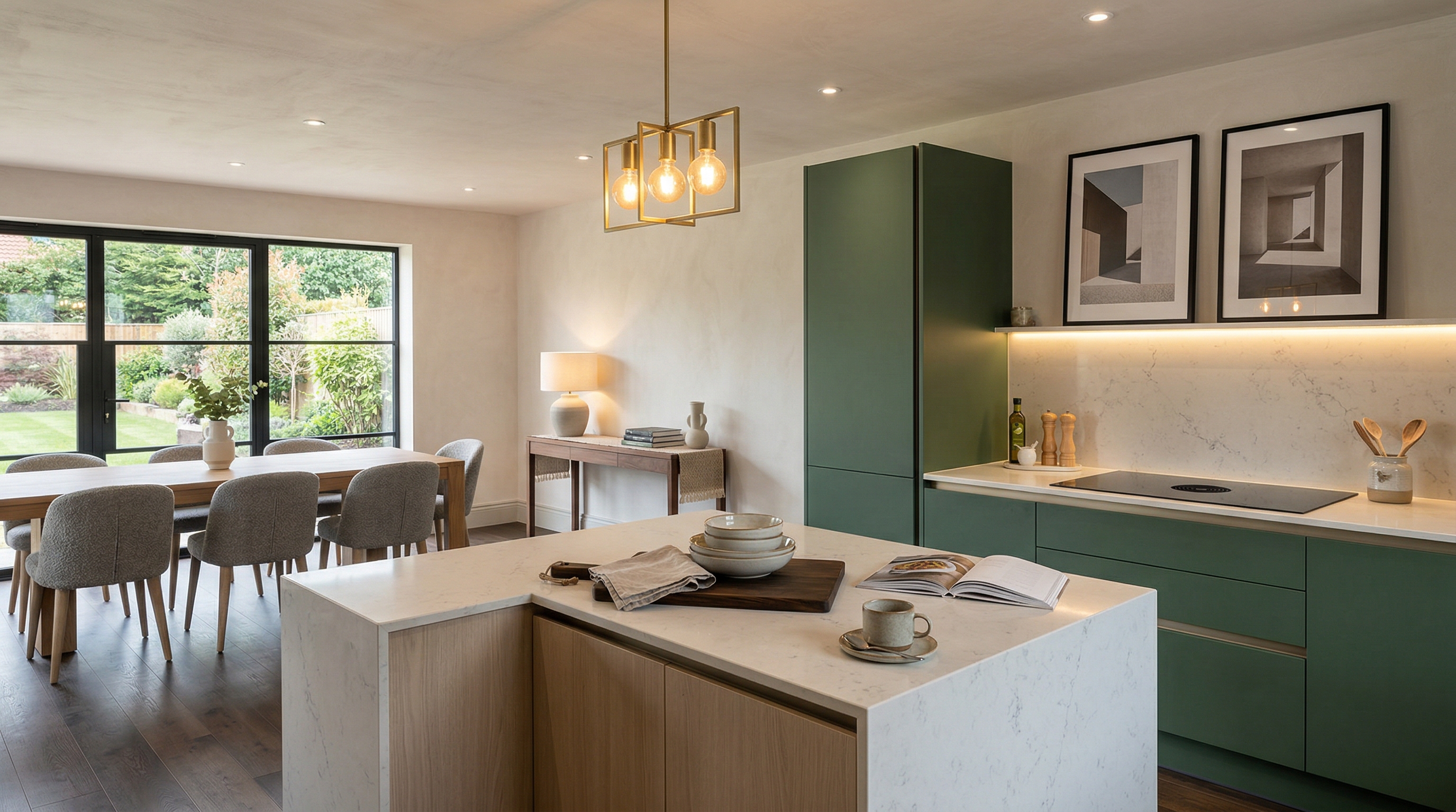 Mastercraft bespoke kitchen in Cromer, wide architectural view showing room volume and design quality