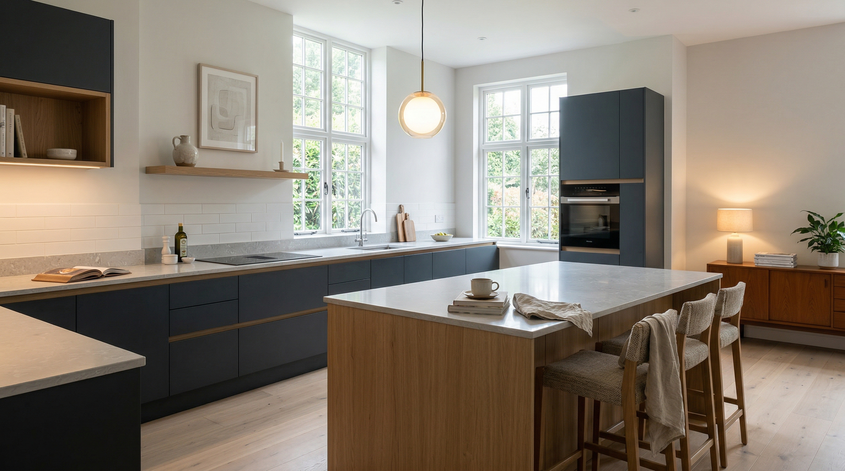 Wide view of a newly completed bespoke Mastercraft kitchen, contemporary painted lay-on cabinetry in marine tones