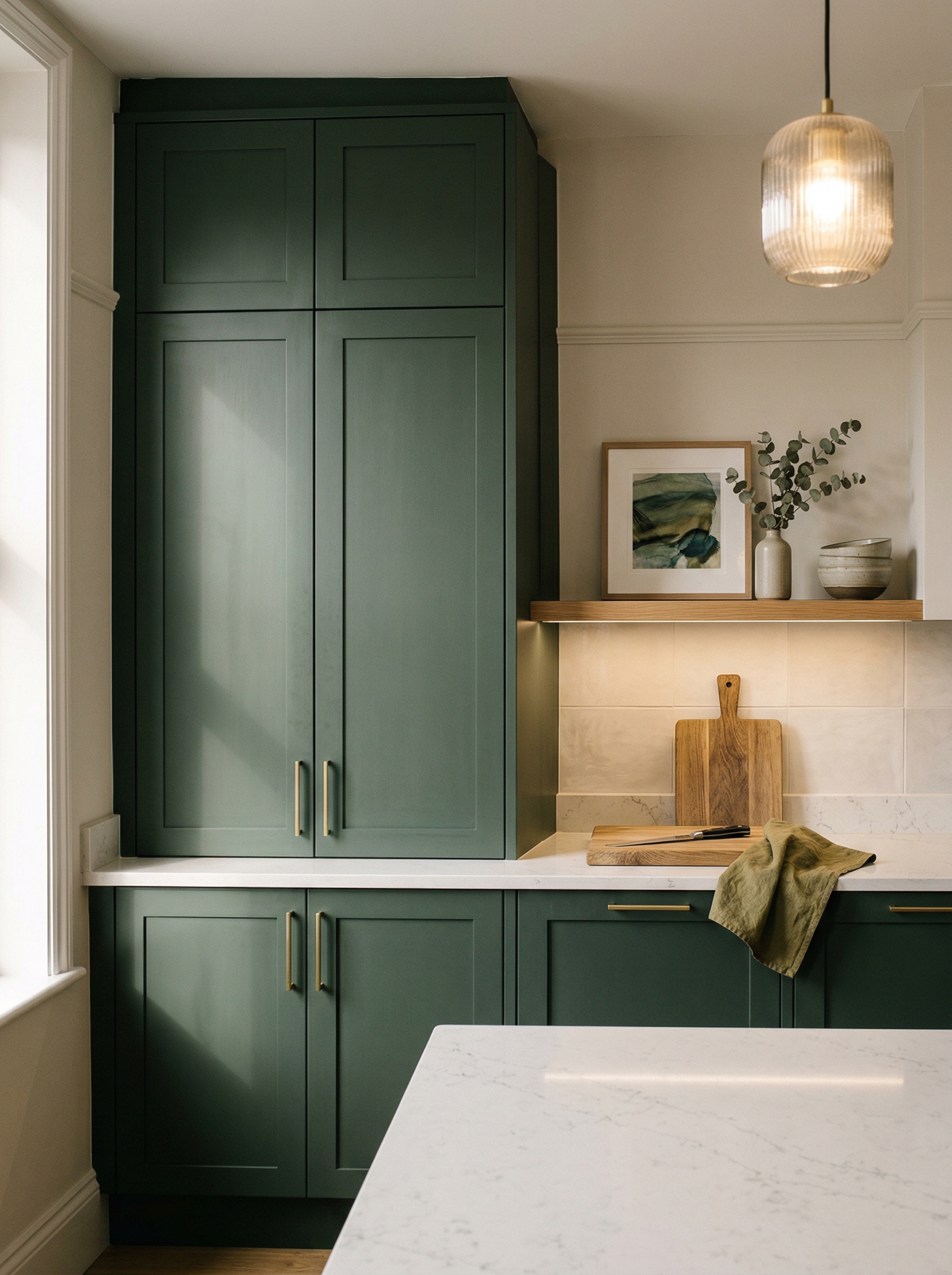 Tall view of full-height bespoke kitchen cabinetry, contemporary painted lay-on cabinetry