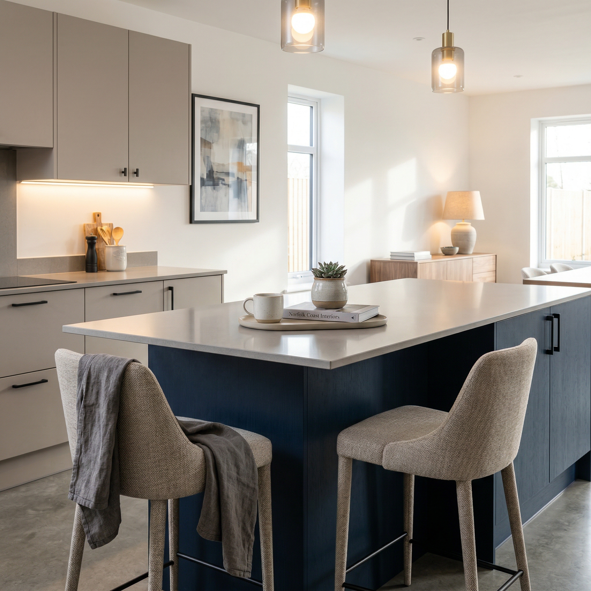 Bespoke kitchen island detail, contemporary painted lay-on cabinetry with quality joinery
