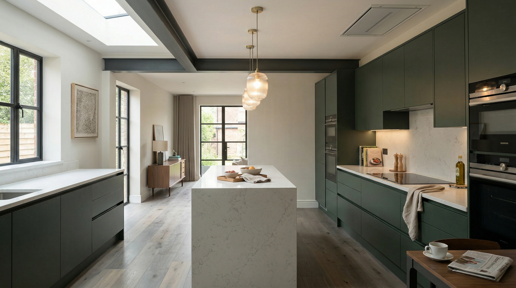 Wide view of a newly completed bespoke Mastercraft kitchen, contemporary in-frame cabinetry in light teal tones