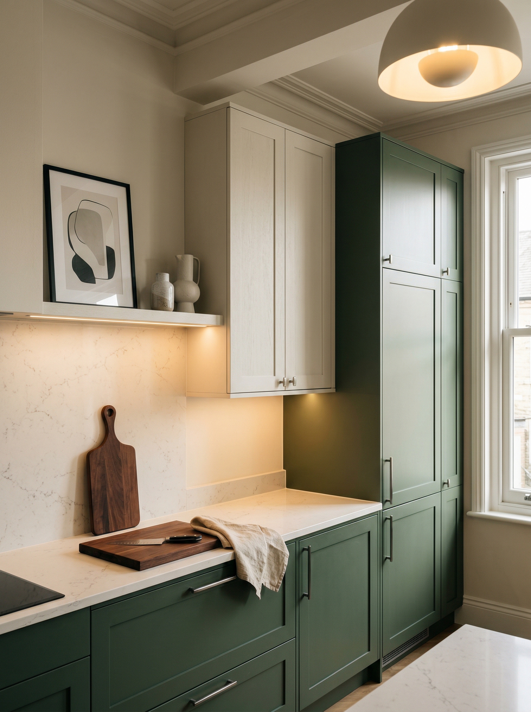Tall view of full-height bespoke kitchen cabinetry, contemporary in-frame cabinetry