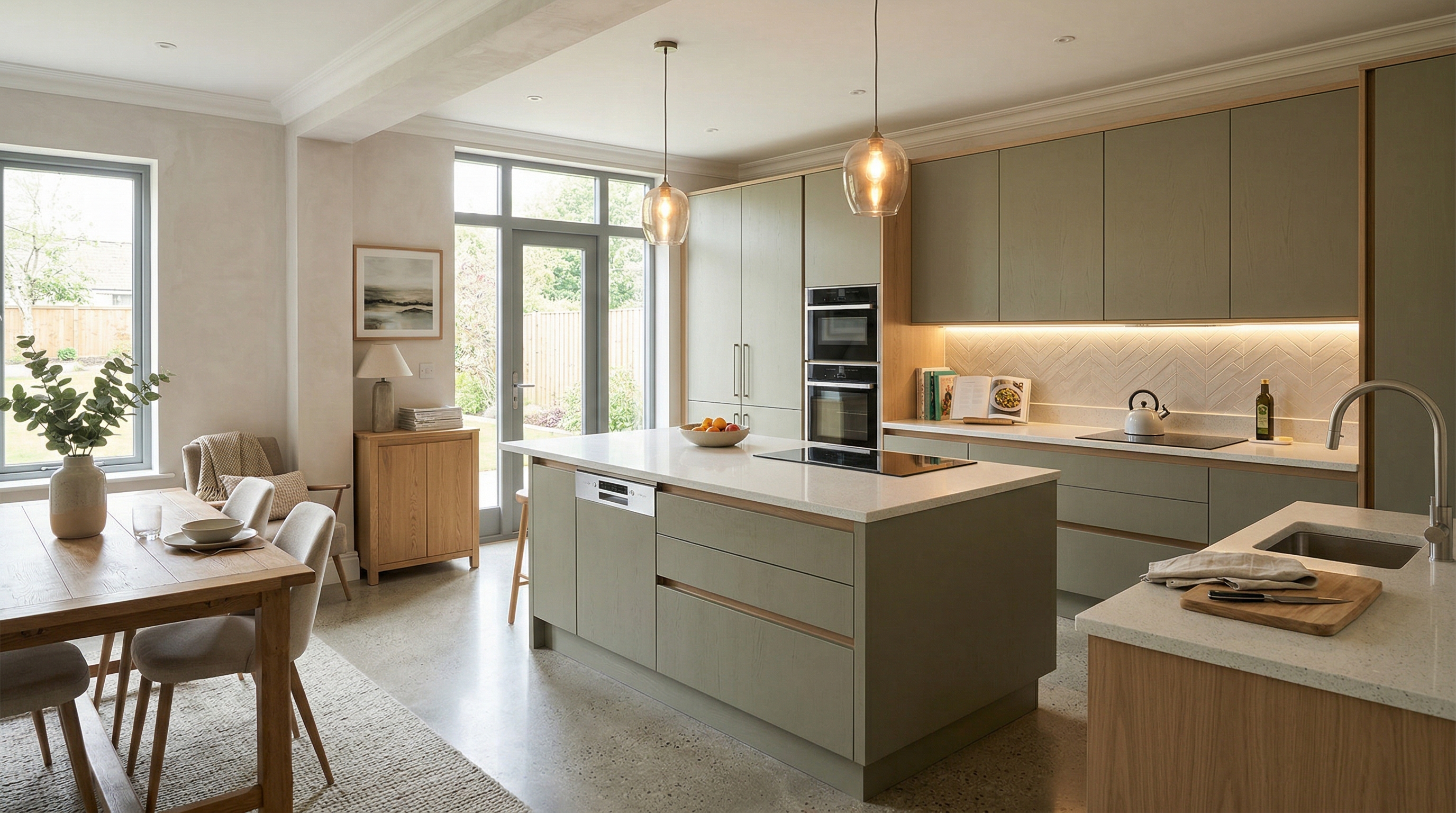 Mastercraft bespoke kitchen in Cross Hands, wide architectural view showing room volume and design quality