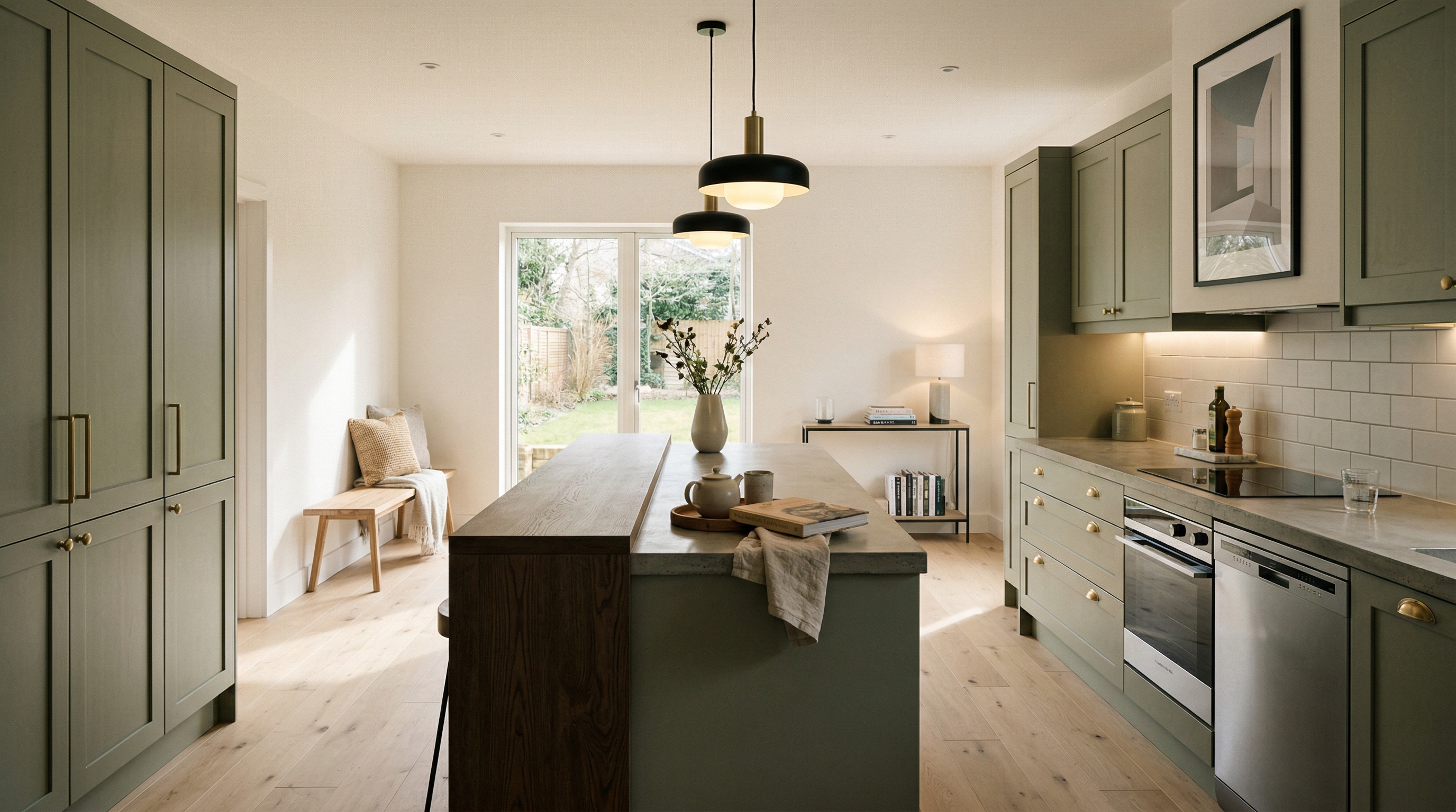 Wide view of a newly completed bespoke Mastercraft kitchen, matt painted handleless slab cabinetry in lava tones