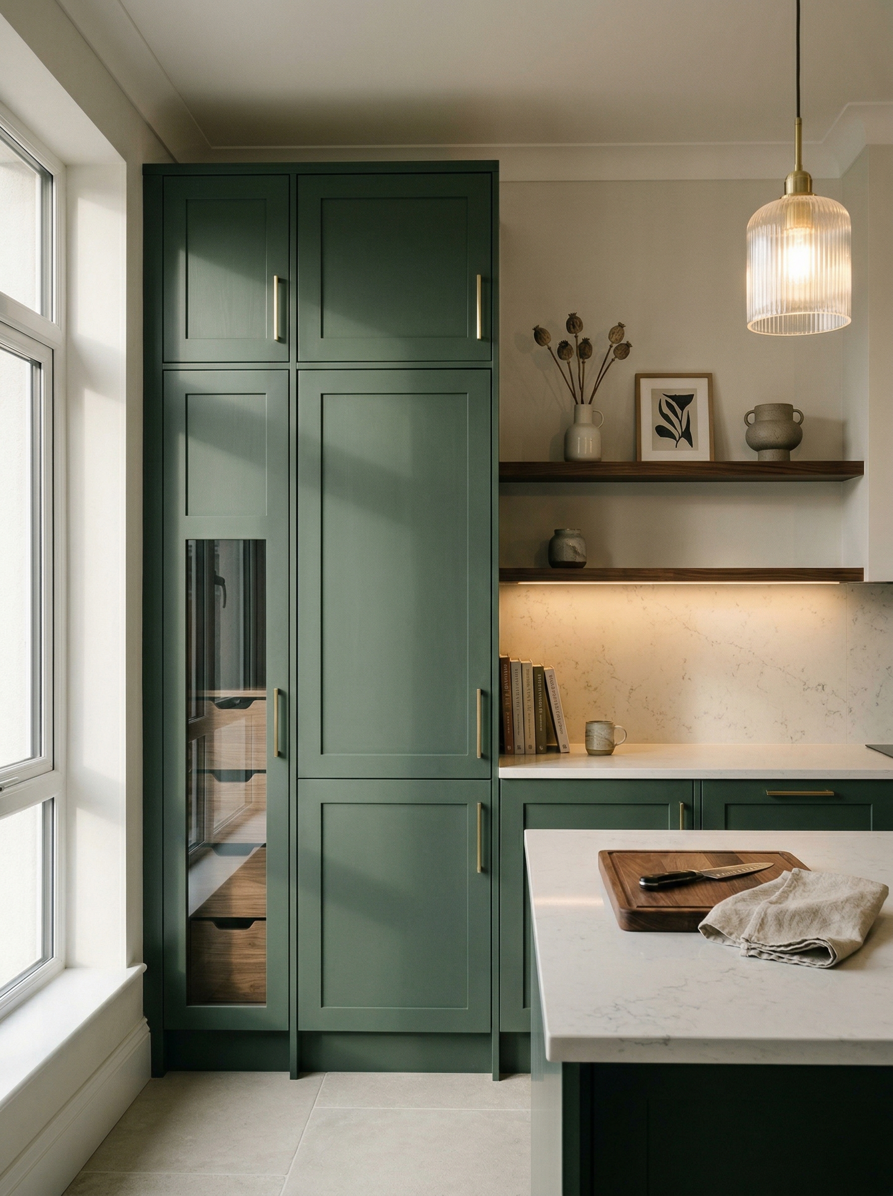 Tall view of full-height bespoke kitchen cabinetry, matt painted handleless slab cabinetry