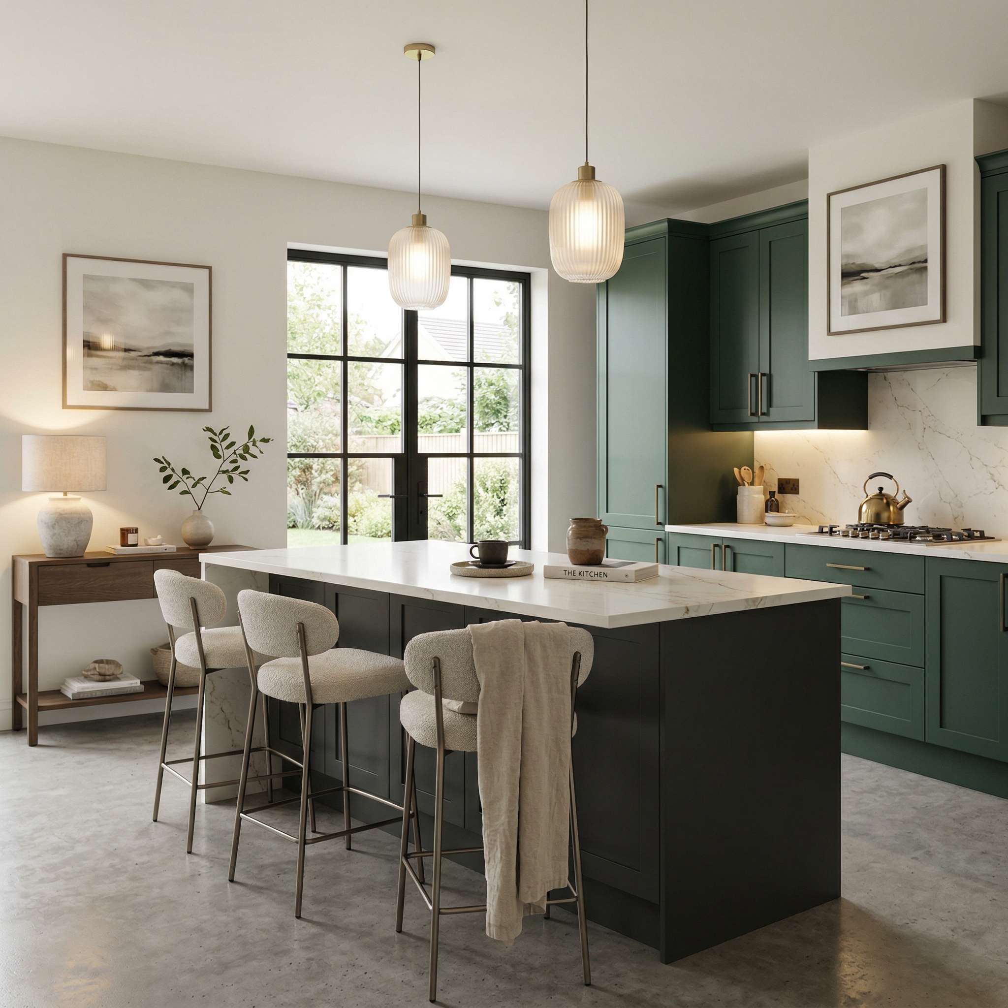 Bespoke kitchen island detail, matt painted handleless slab cabinetry with quality joinery