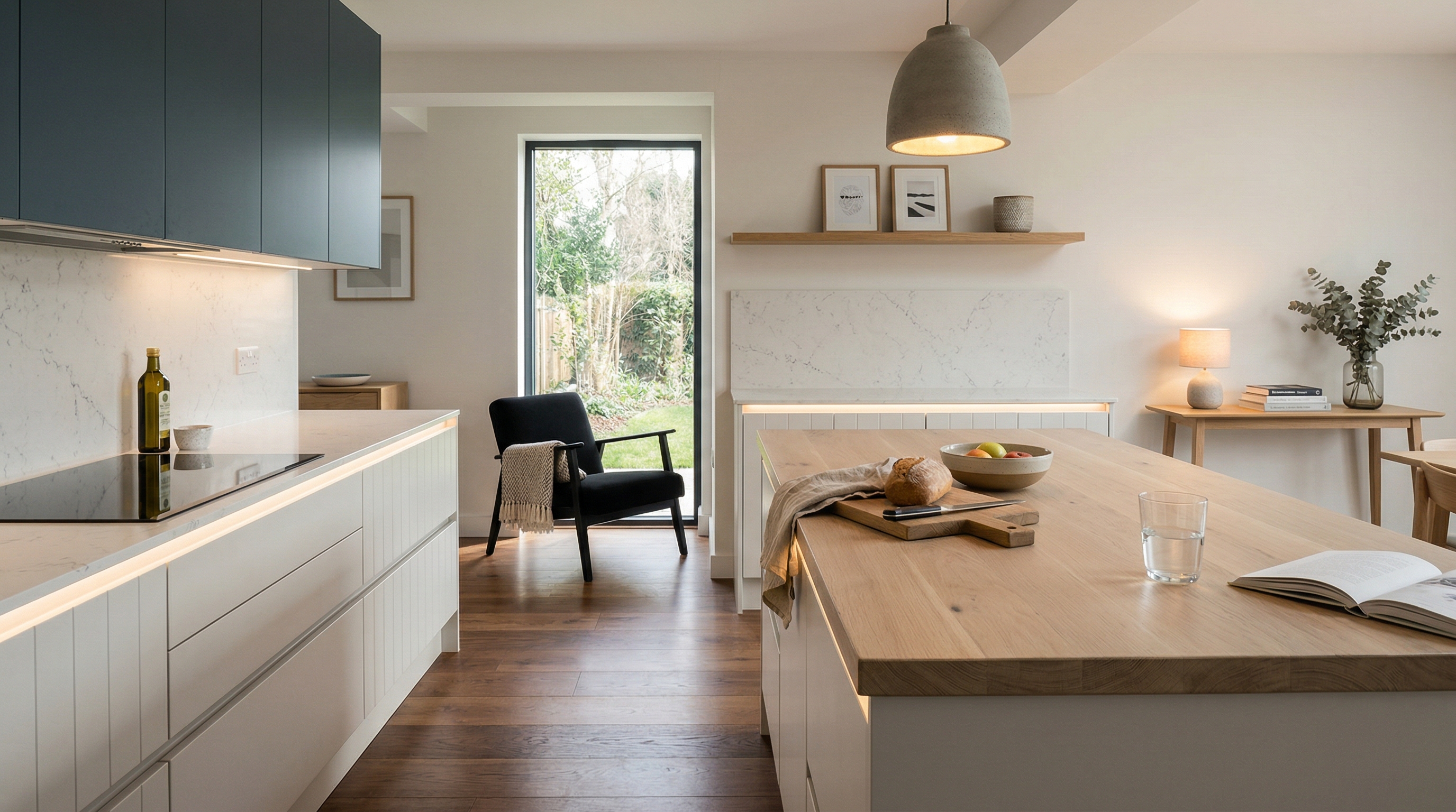 Mastercraft bespoke kitchen in Cwmbran, wide architectural view showing room volume and design quality