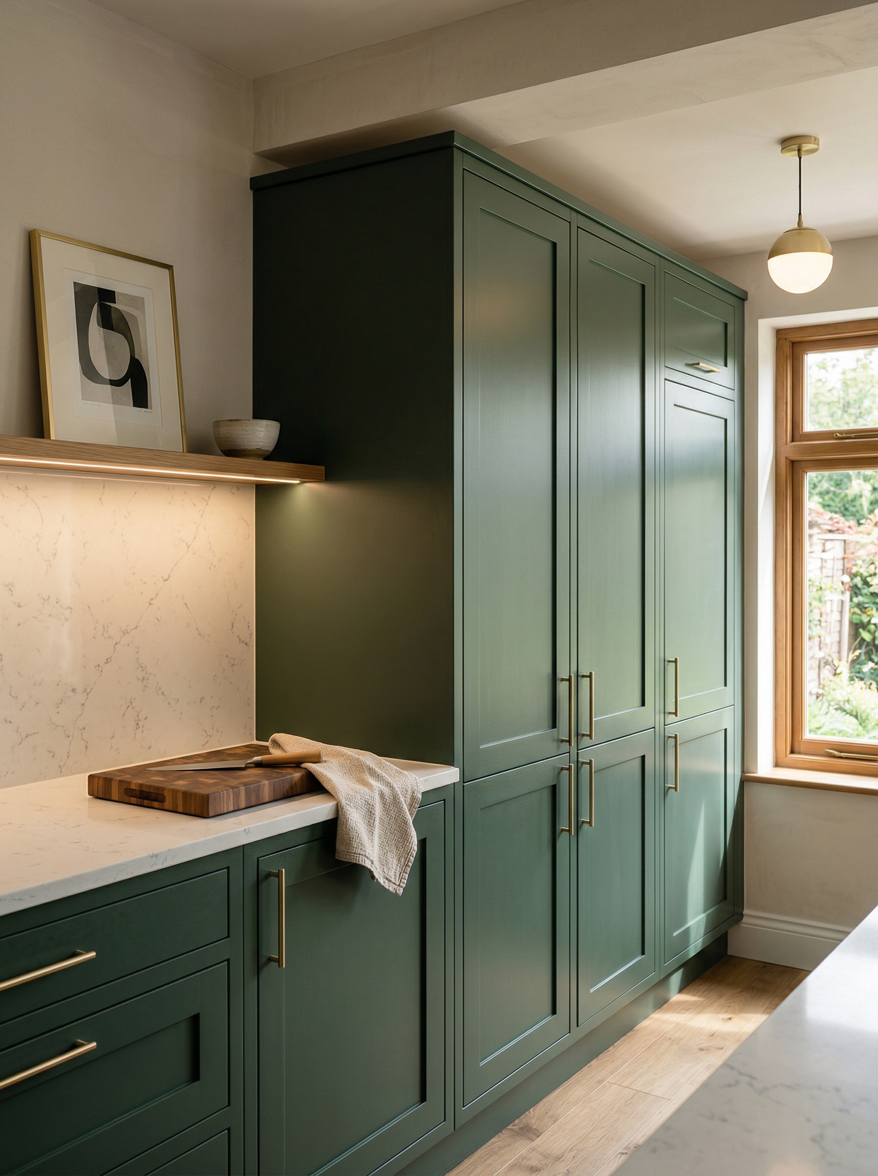 Tall view of full-height bespoke kitchen cabinetry, contemporary painted lay-on cabinetry