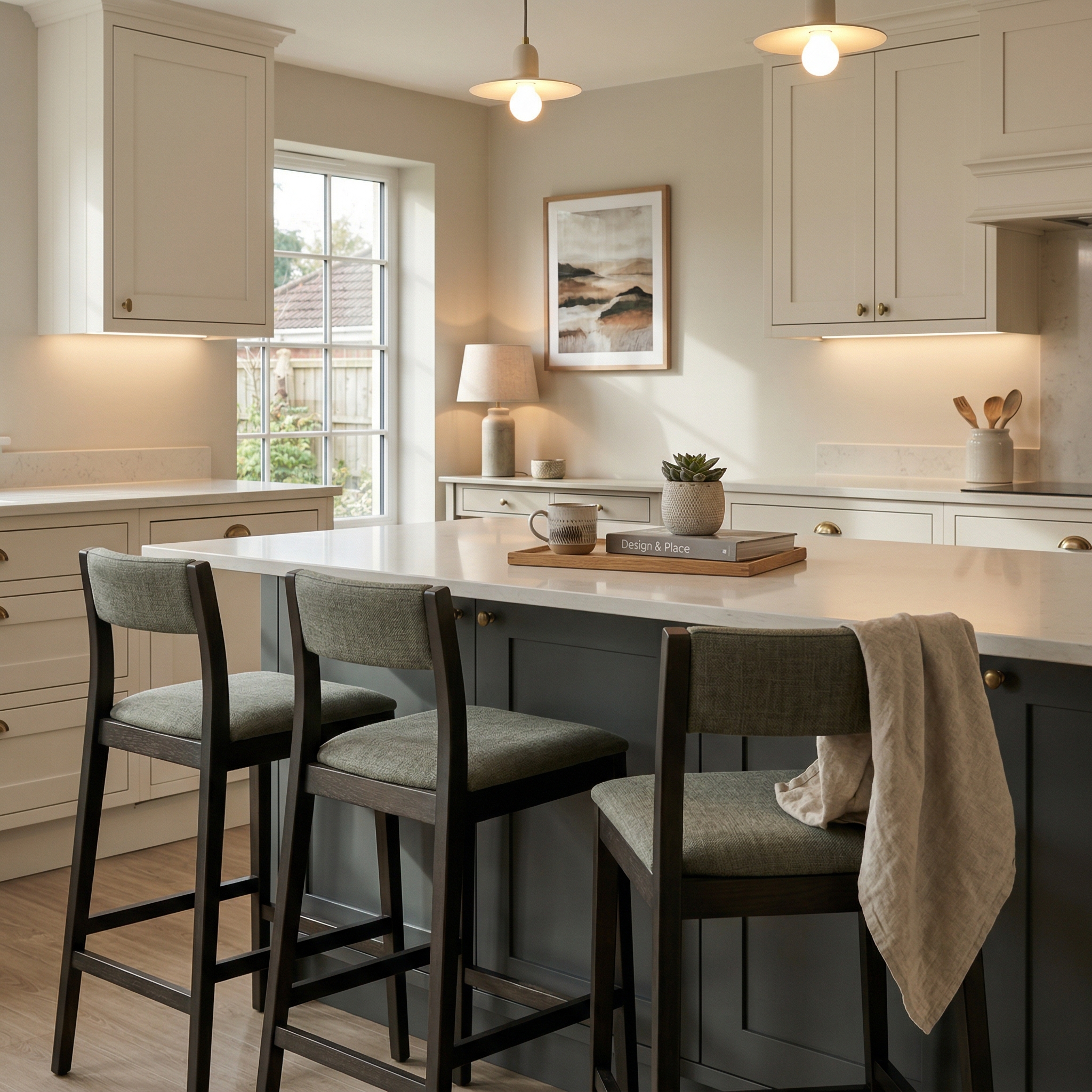 Bespoke kitchen island detail, contemporary painted lay-on cabinetry with quality joinery