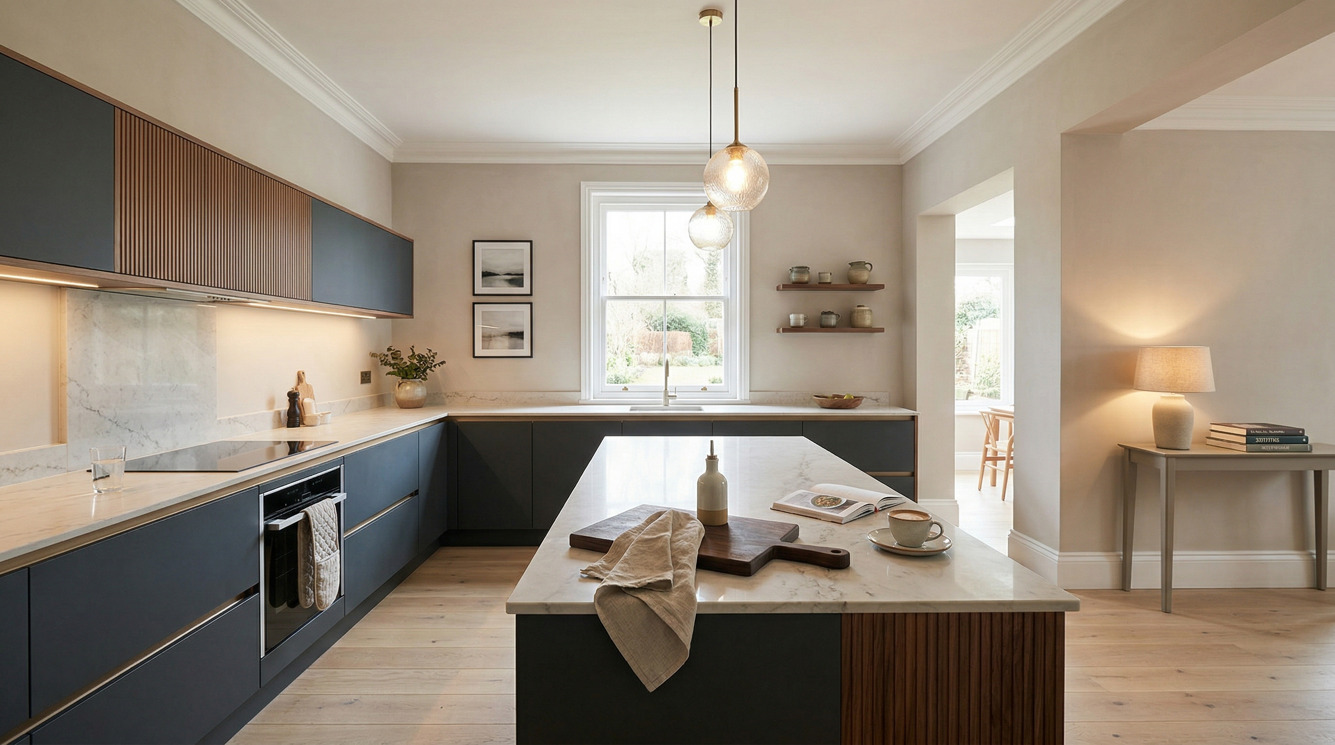 Mastercraft bespoke kitchen in Cyncoed, wide architectural view showing room volume and design quality