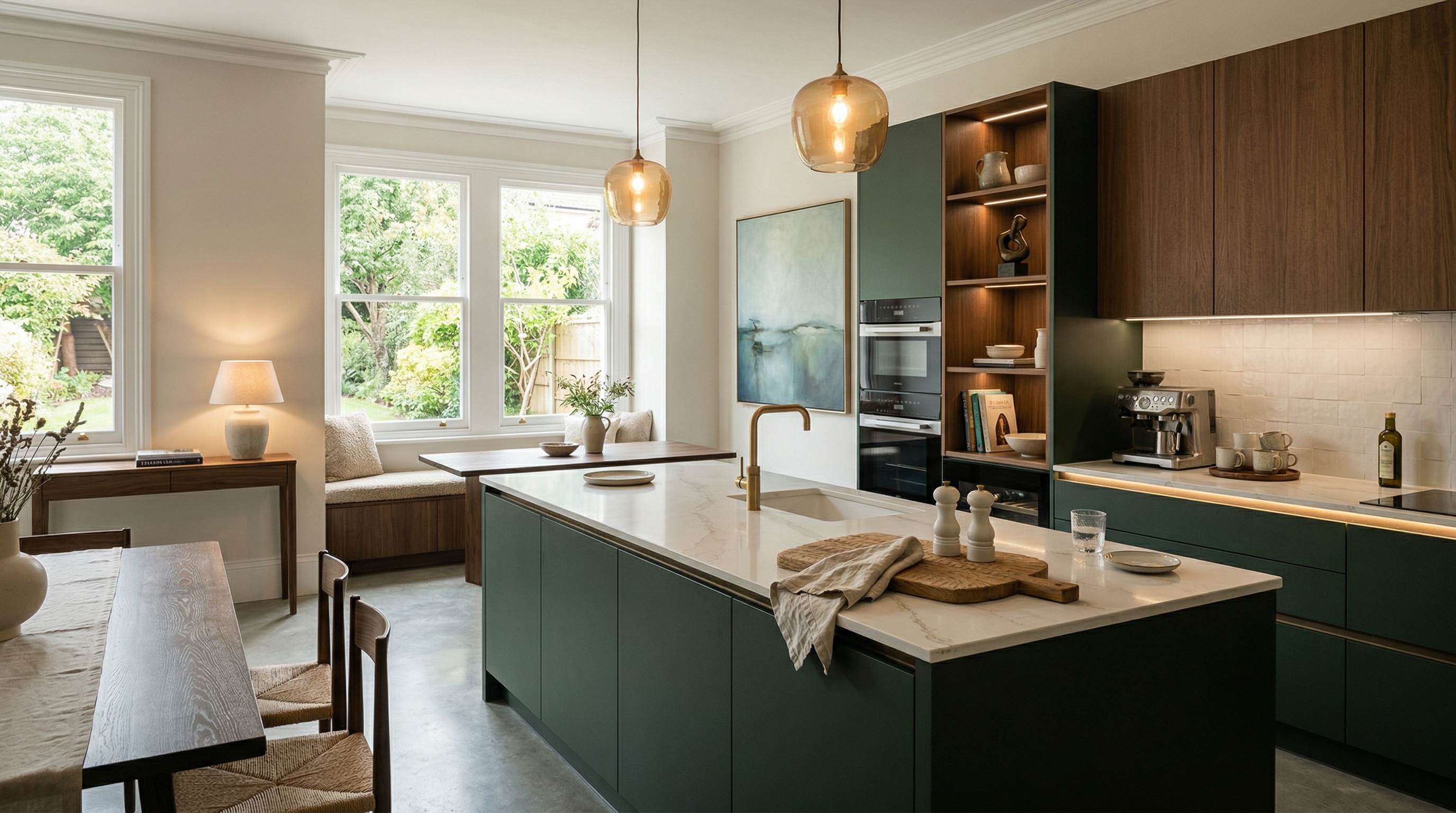 hero_1200x675 Wide view of a newly completed bespoke Mastercraft kitchen, contemporary painted lay-on cabinetry in lava tones