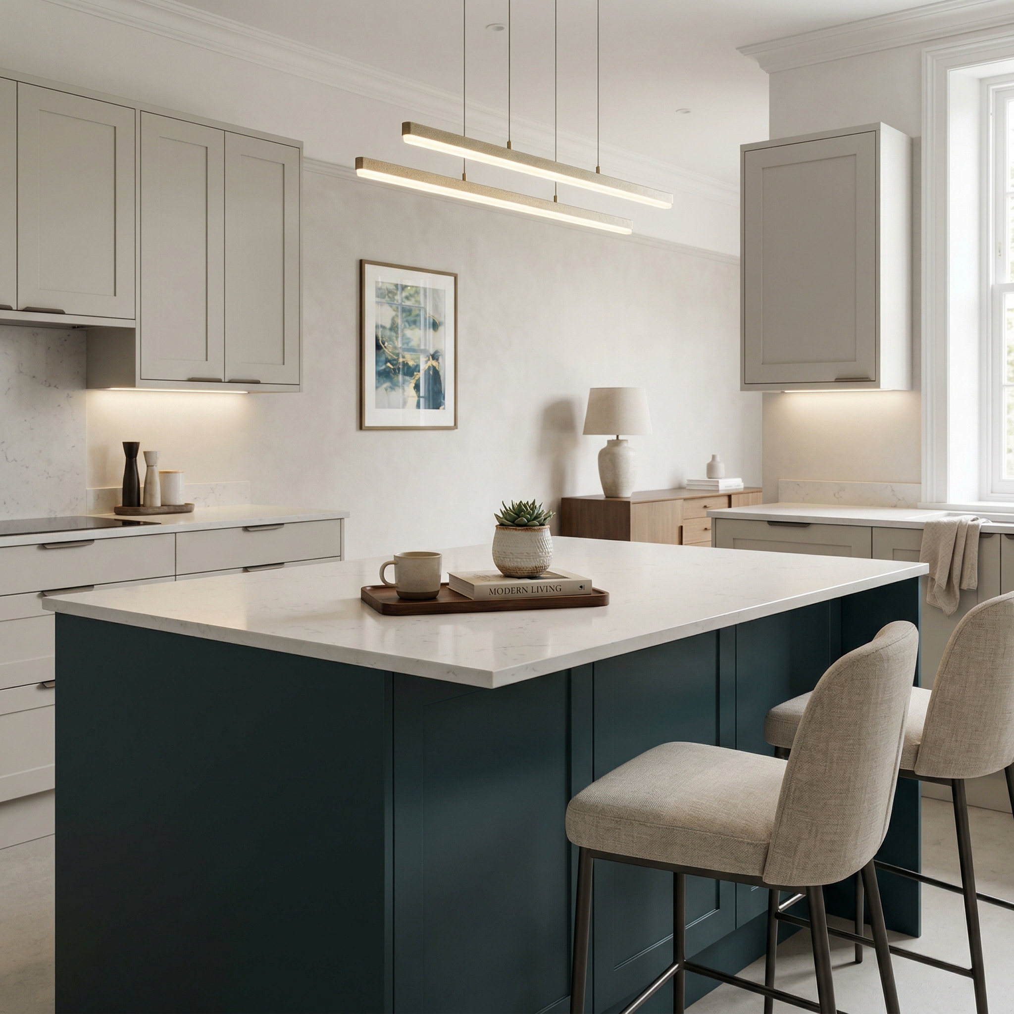 Bespoke kitchen island detail, contemporary painted lay-on cabinetry with quality joinery