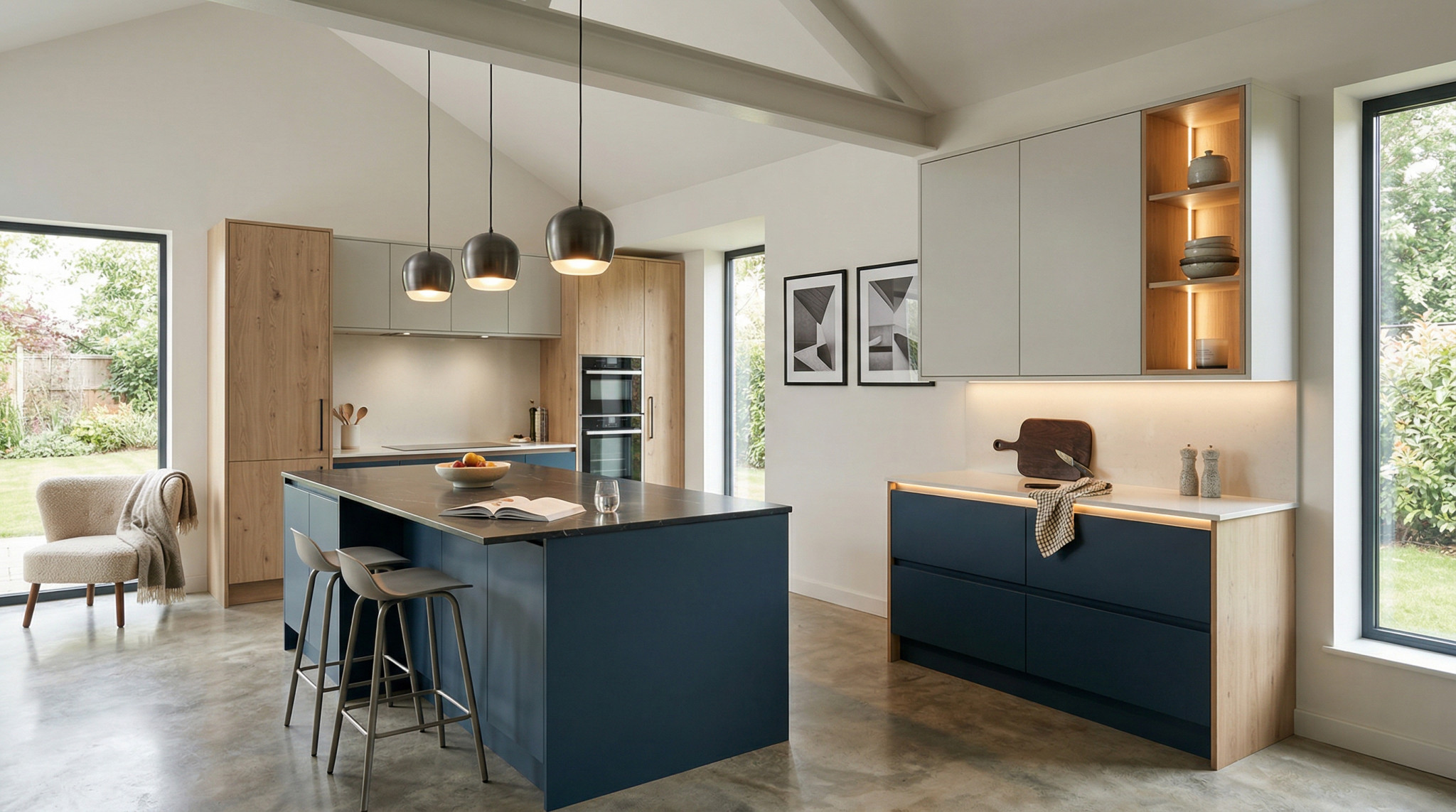 Wide view of a newly completed bespoke Mastercraft kitchen, contemporary painted lay-on cabinetry in porcelain tones