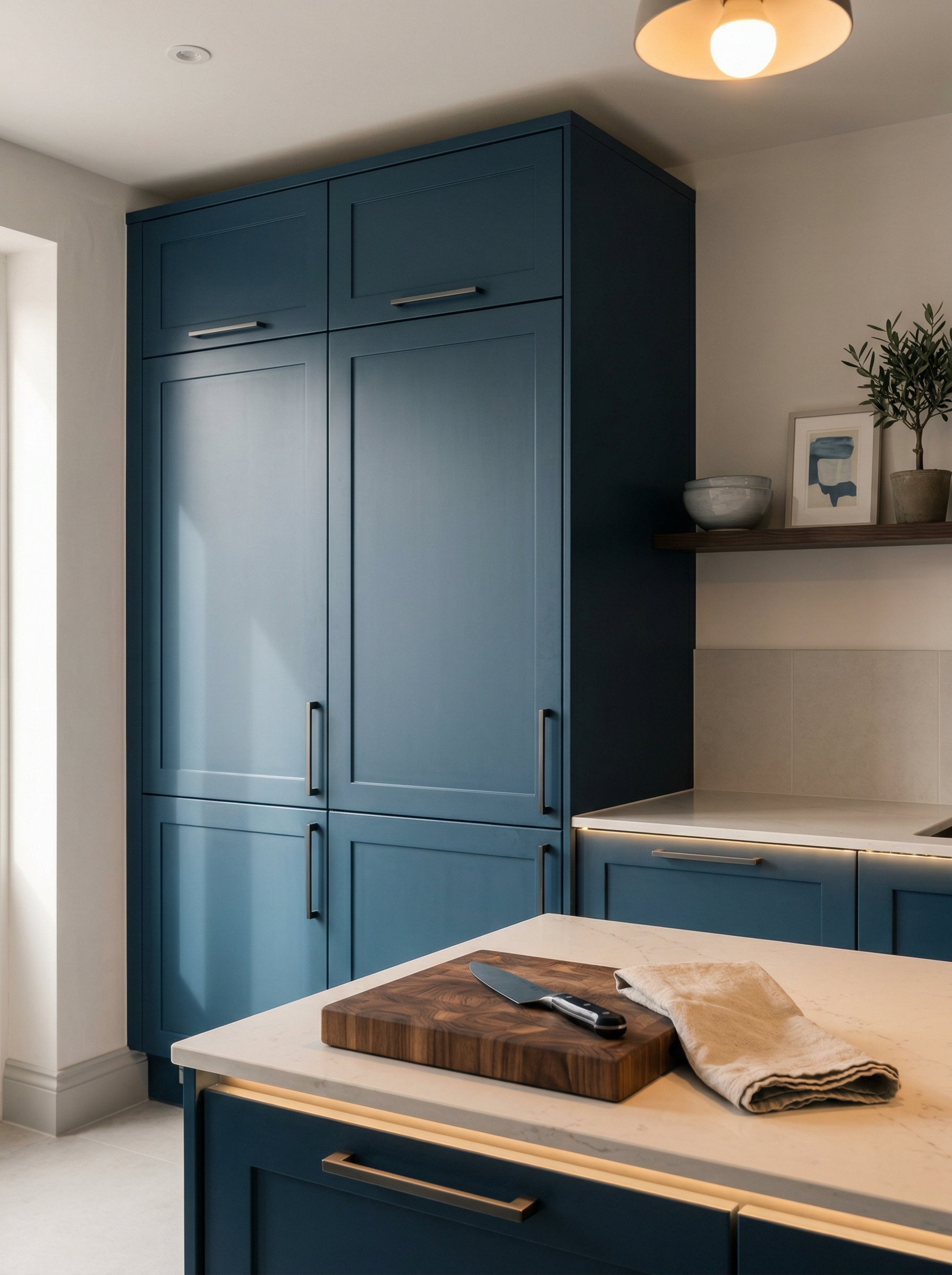 Tall view of full-height bespoke kitchen cabinetry, contemporary painted lay-on cabinetry