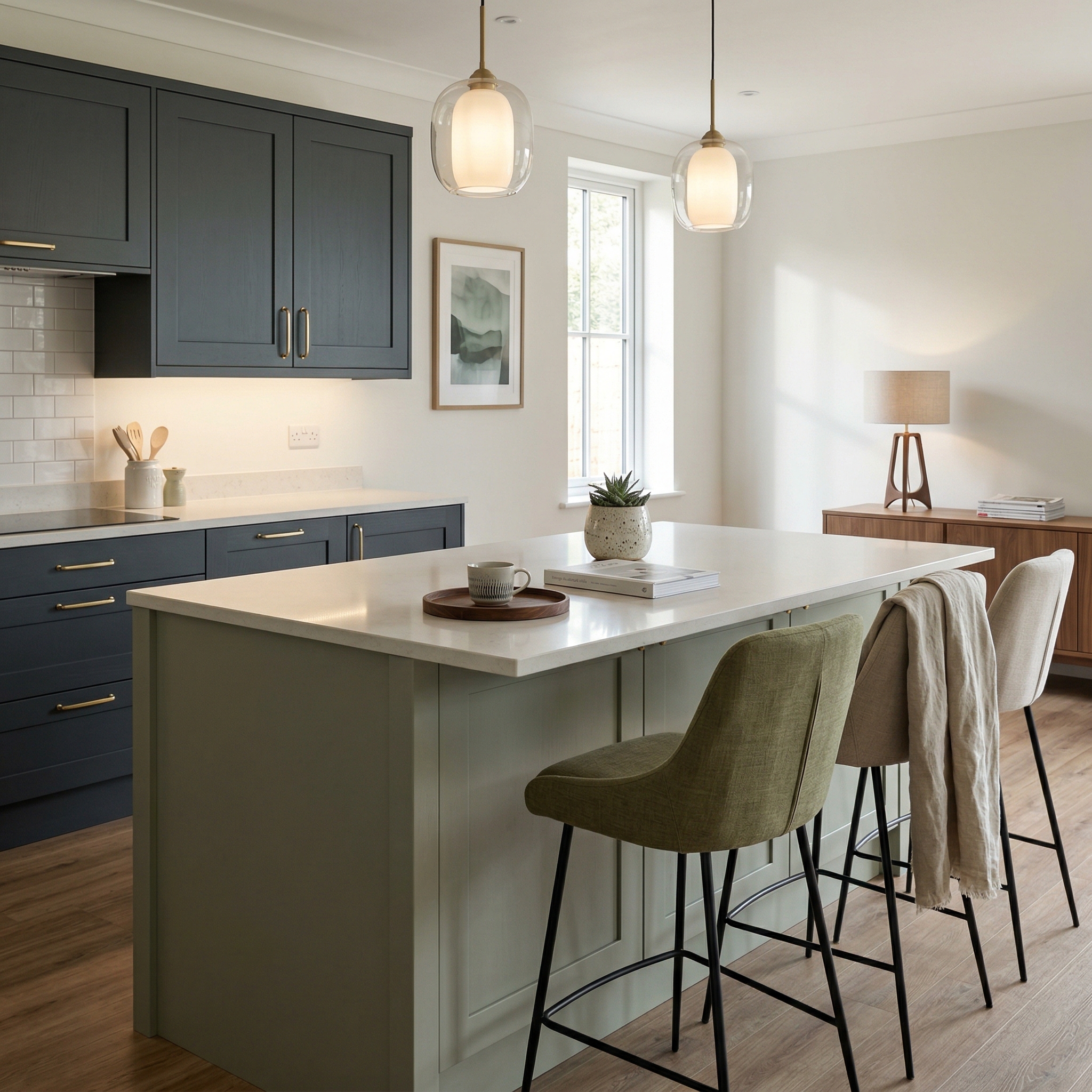 Bespoke kitchen island detail, contemporary painted lay-on cabinetry with quality joinery